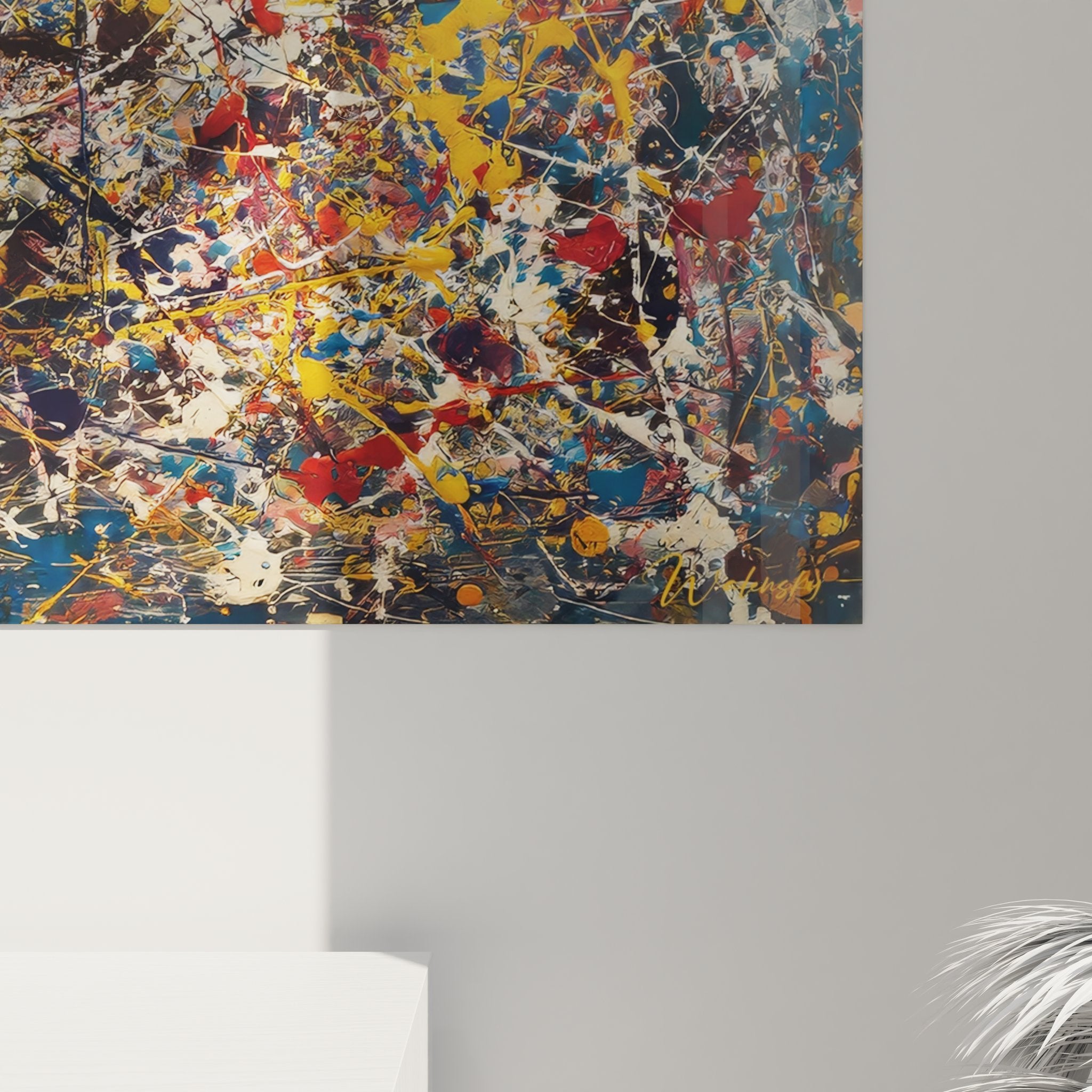 Vue ensemble tableau abstrait explosion couleurs accroché mur blanc décoration intérieure moderne