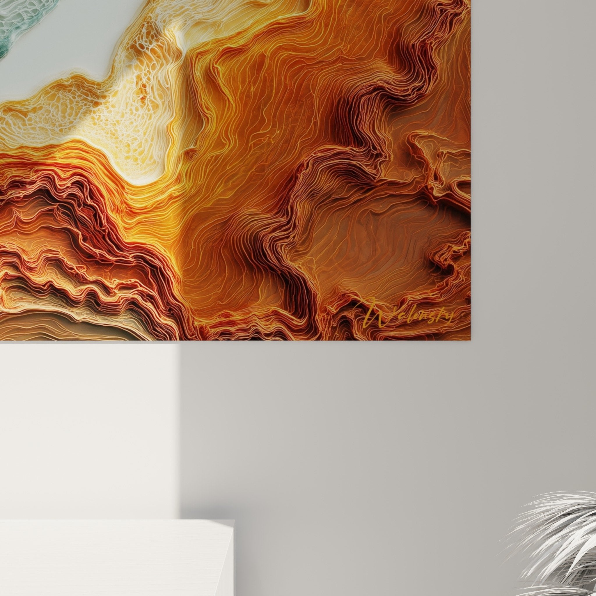 Full view abstract fluid turquoise copper artwork interior decoration feng shui northeast modern