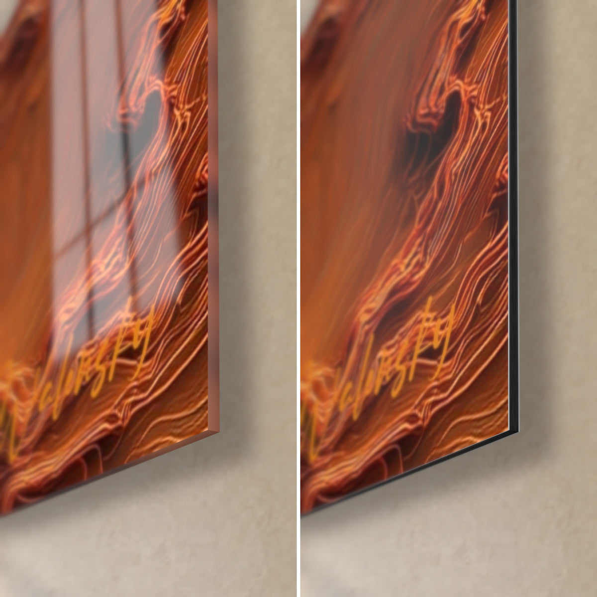 Quadro rilievo di curve rame e arancio, angolo in basso a destra, vetro lucido a sinistra, Dibond nero opaco a destra, spessore 3 mm