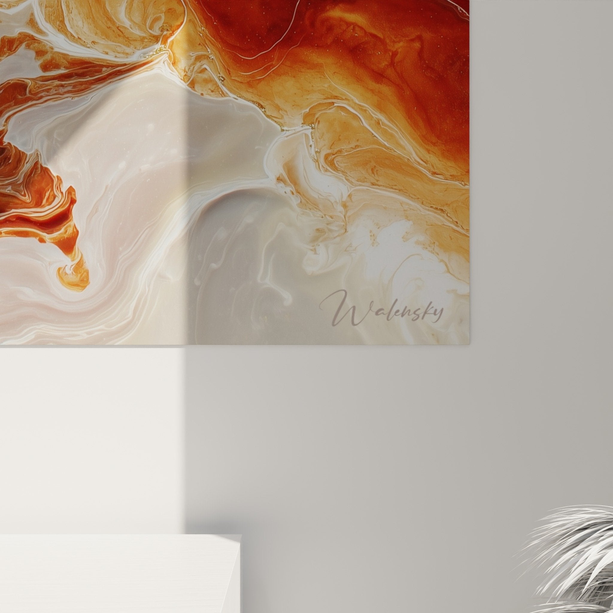 Vue ensemble tableau abstrait fluides colorés rouge orange crème décoration feng shui centre terre