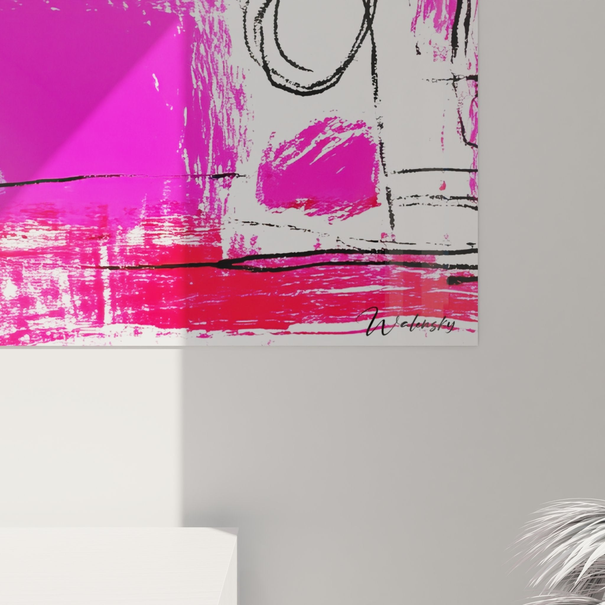 Vue ensemble tableau abstrait coloré style dessin contemporain avec formes géométriques et organiques