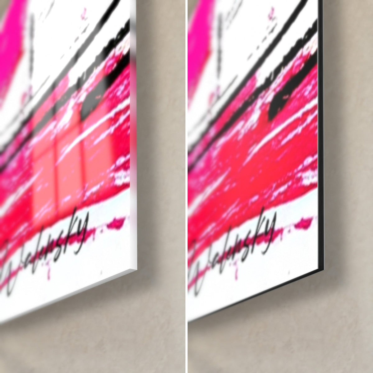 Quadro espressione libera, angolo in basso a destra rosso carminio e bianco, firma Walensky, vetro lucido a sinistra, Dibond opaco a destra