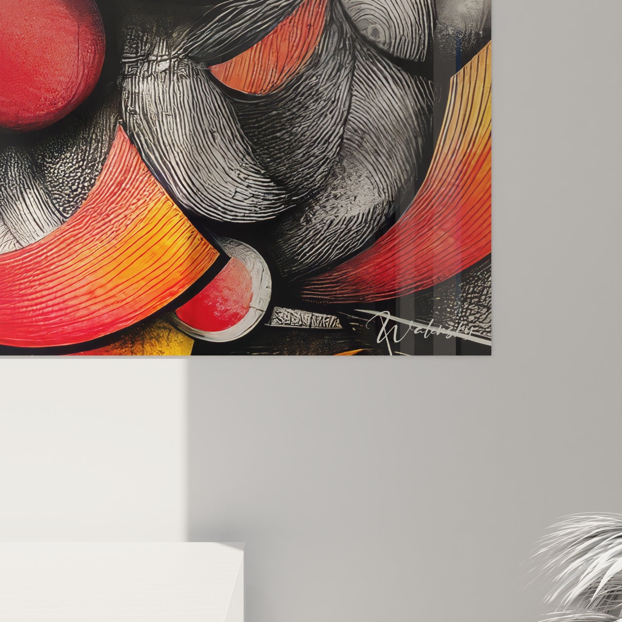 Vue ensemble tableau abstrait tourbillon galaxie, œuvre art mural dessin moderne rouge orange décoration