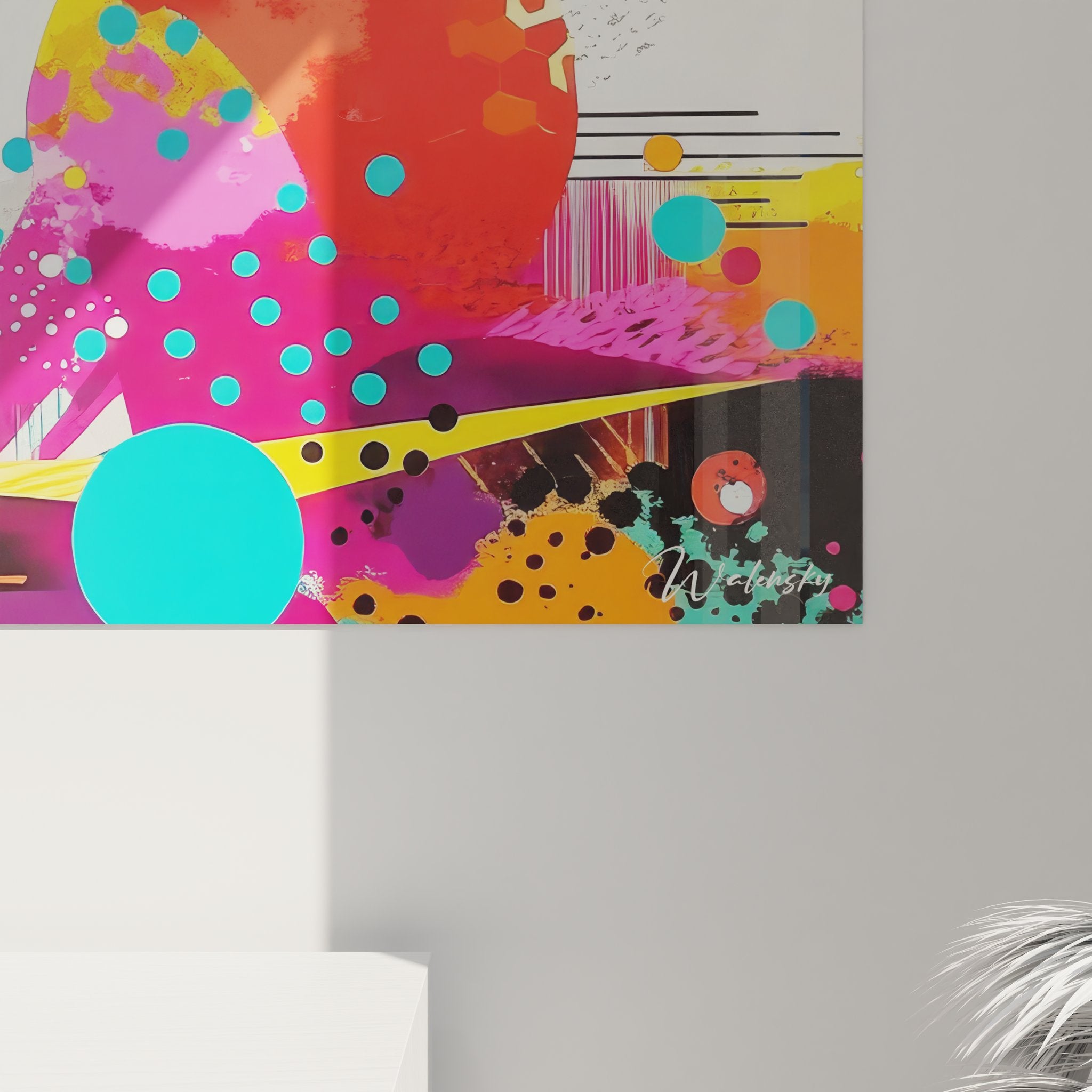 Vue ensemble tableau mural abstrait géométrique coloré décoration art contemporain