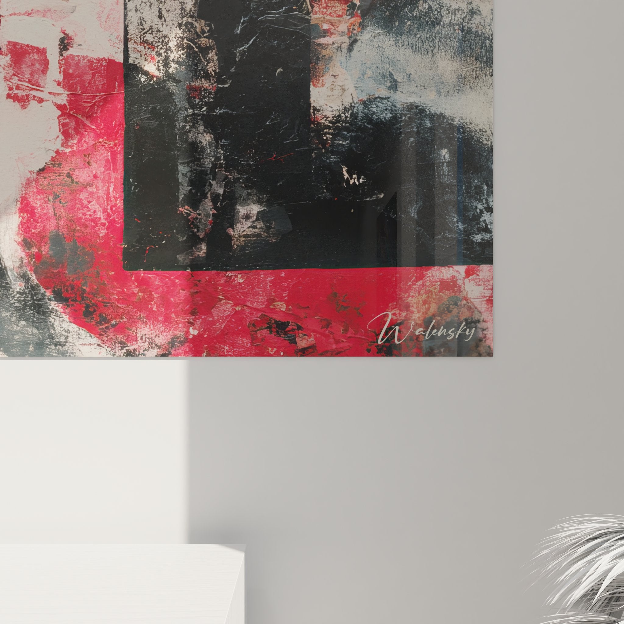 Vue d'ensemble tableau abstrait géométrique rouge et noir pour décoration intérieure moderne