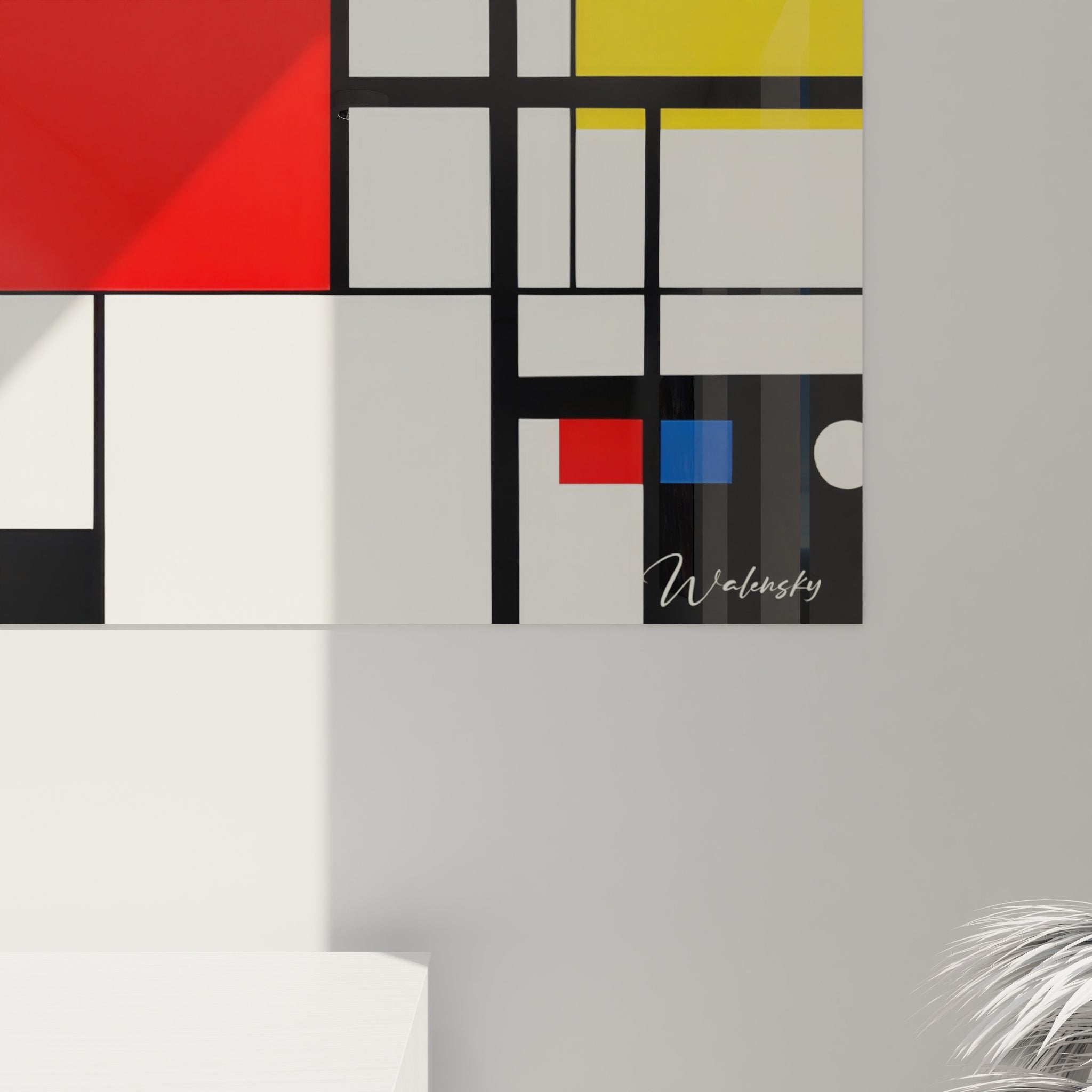 Vue ensemble tableau géométrique abstrait Mondrian composition rectangles colorés art mural moderne