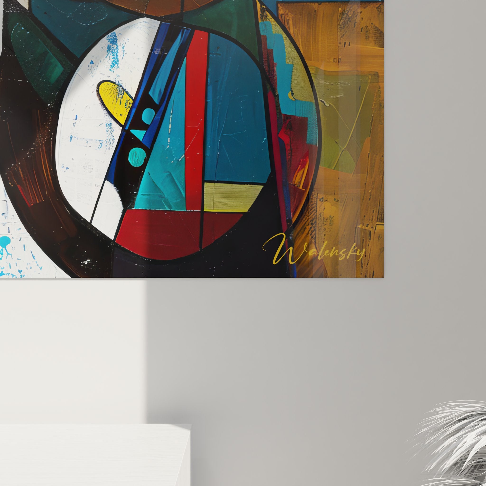 Vue d'ensemble du tableau géométrique abstrait aux motifs colorés et formes variées