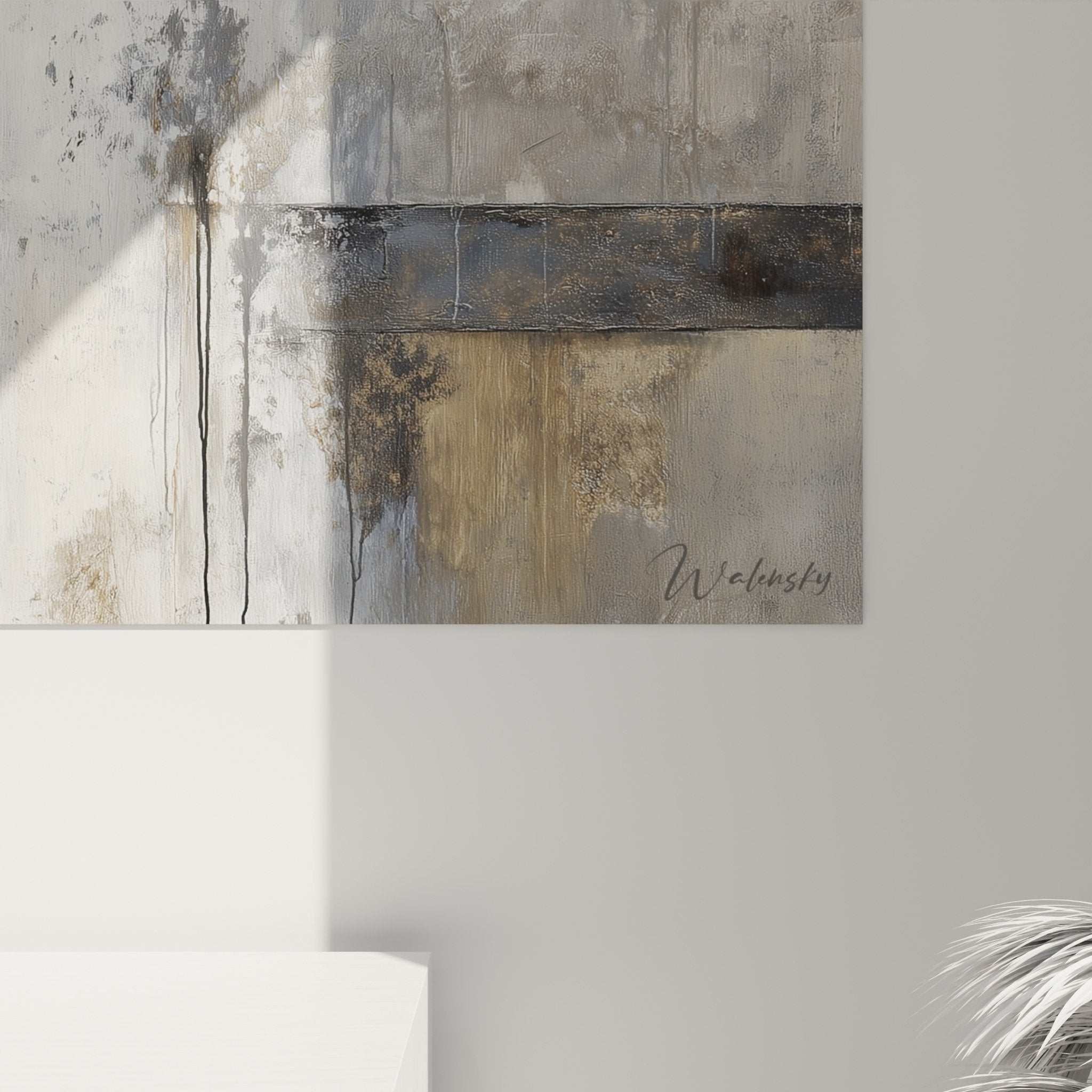 Abstract gray beige painting with black stripe wall decor feng shui northwest metal