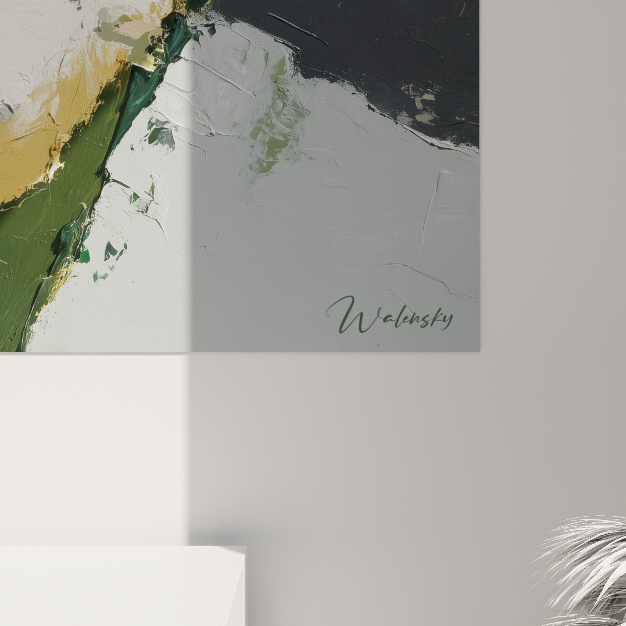 Overall view of abstract autumn painting orange green white in contemporary feng shui wooden interior