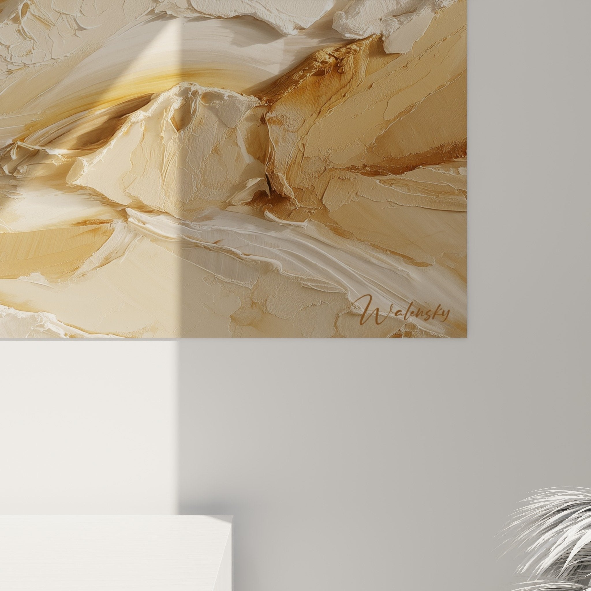 Overview of abstract beige textured wall art with fluid wave patterns, Feng Shui Earth Center edition
