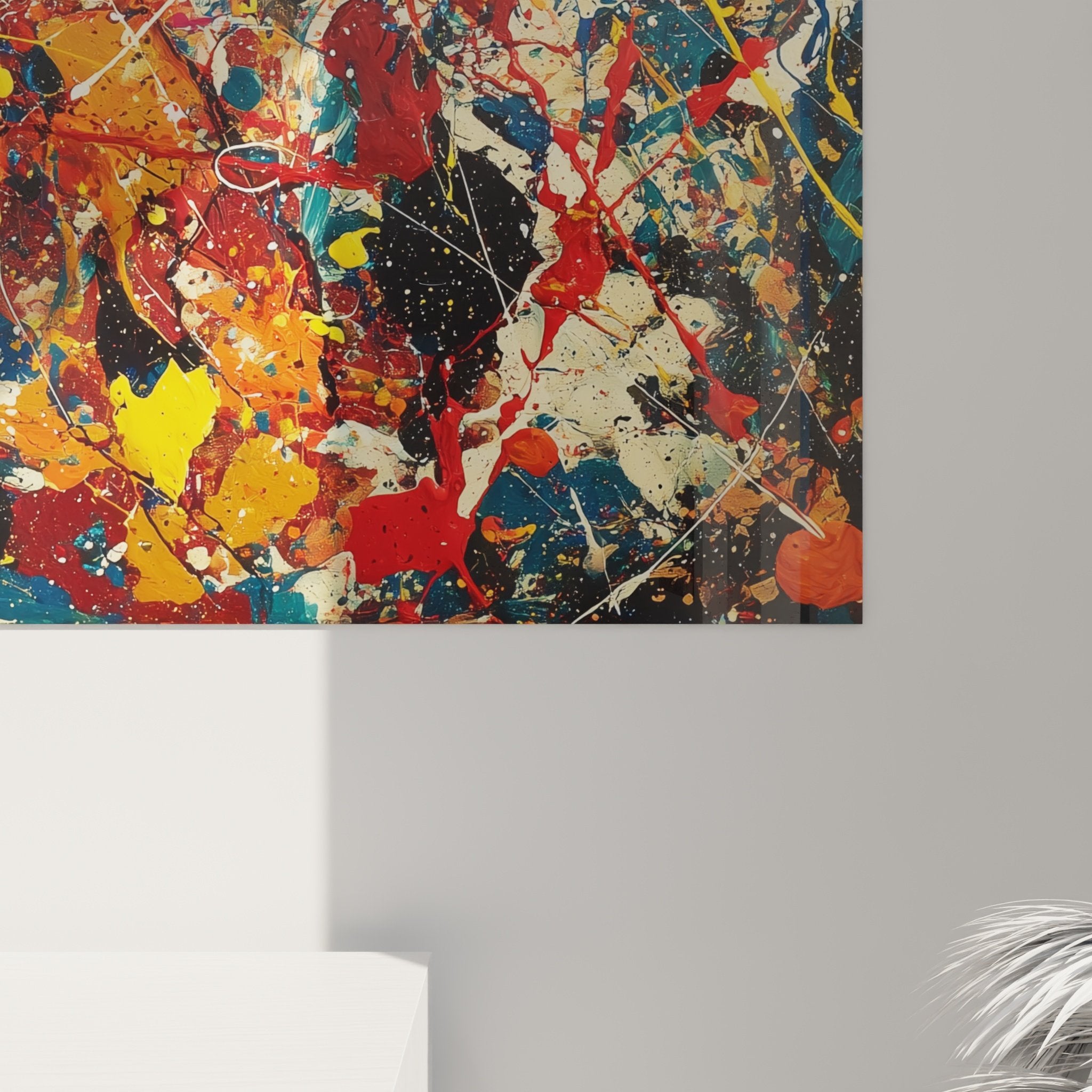 abstract wall art with gestural paint splashes vibrant colors blue red yellow orange