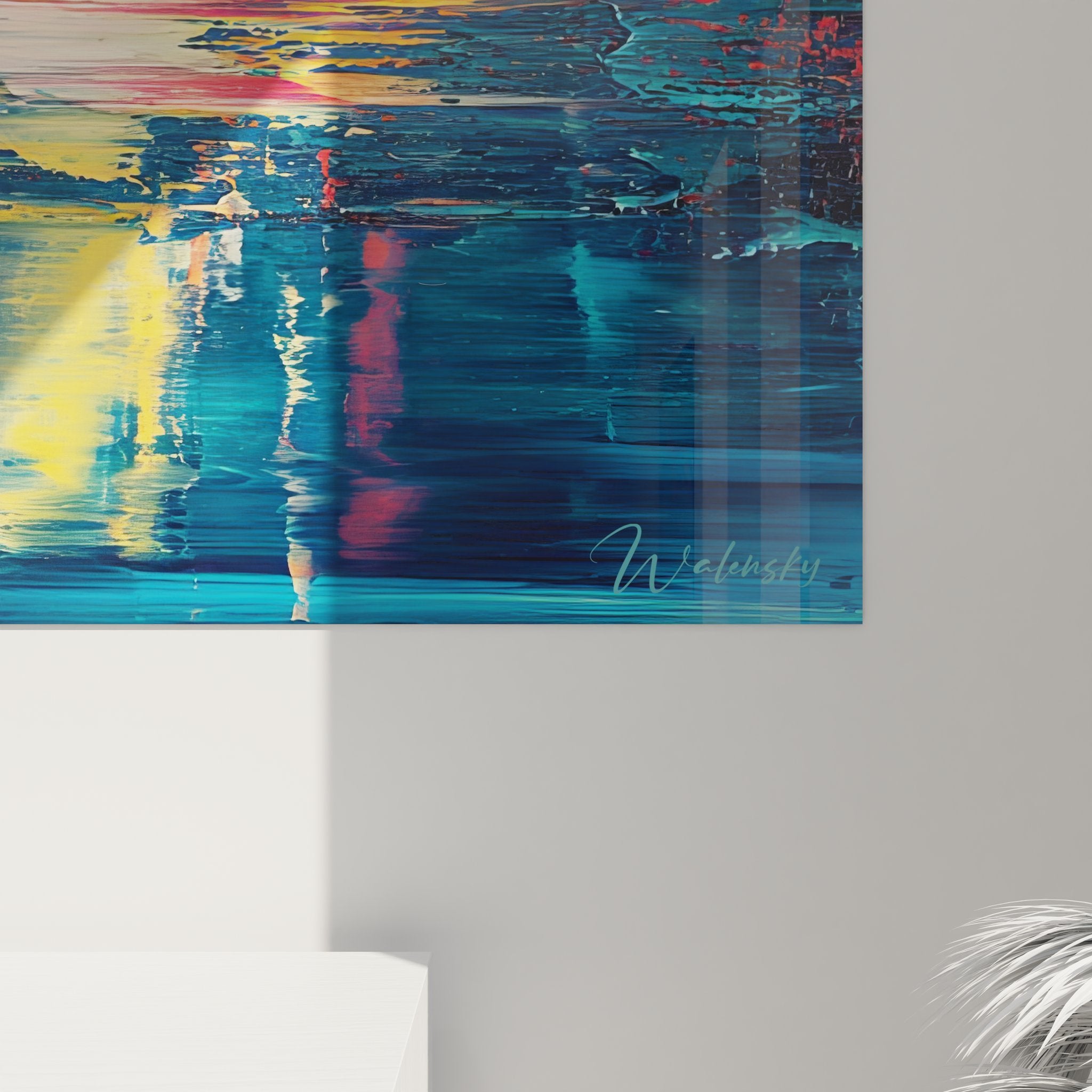 Vue ensemble tableau abstrait reflets colorés style raclé décoration murale