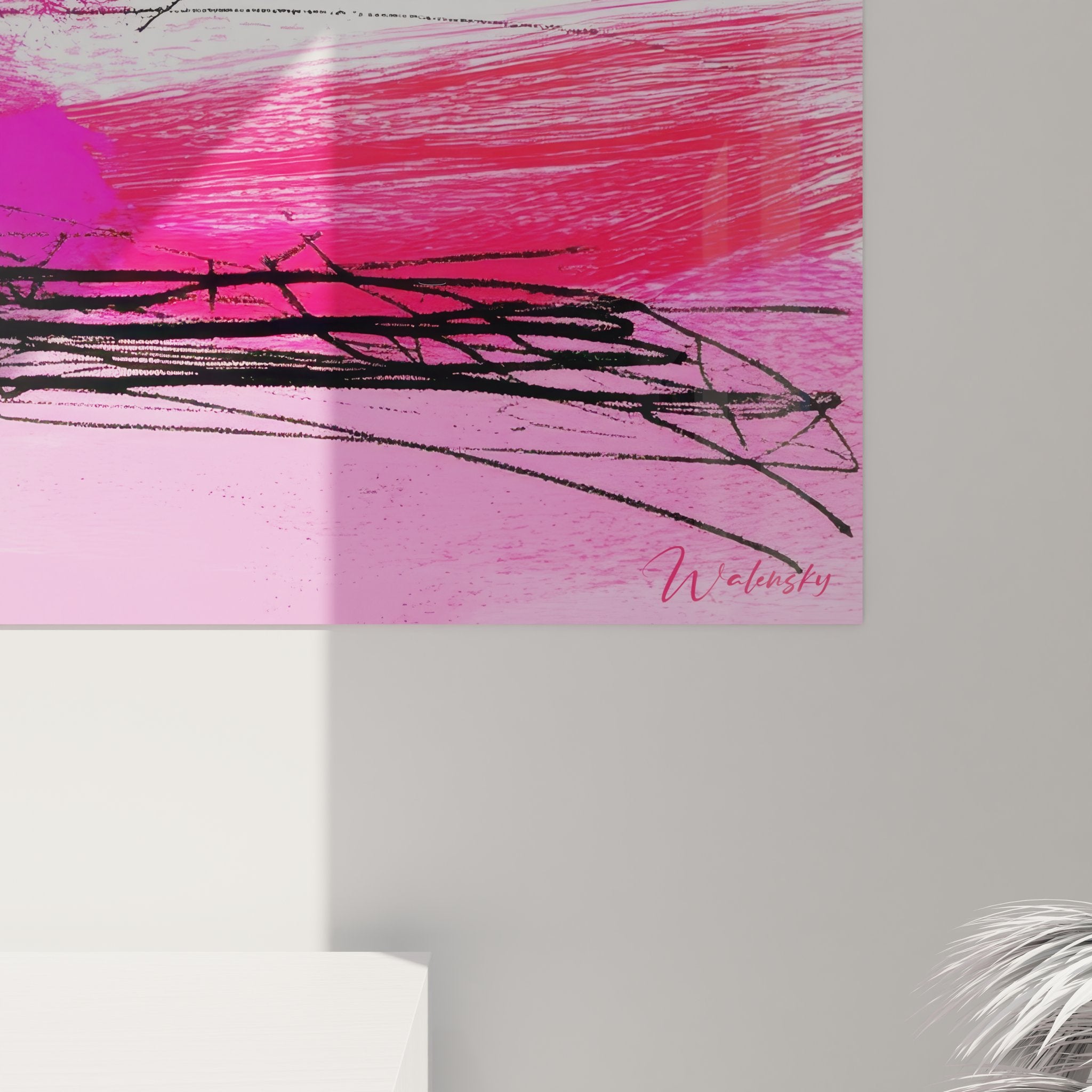 Vue d'ensemble du tableau mural abstrait rose magenta, composition complète avec traits graphiques dynamiques