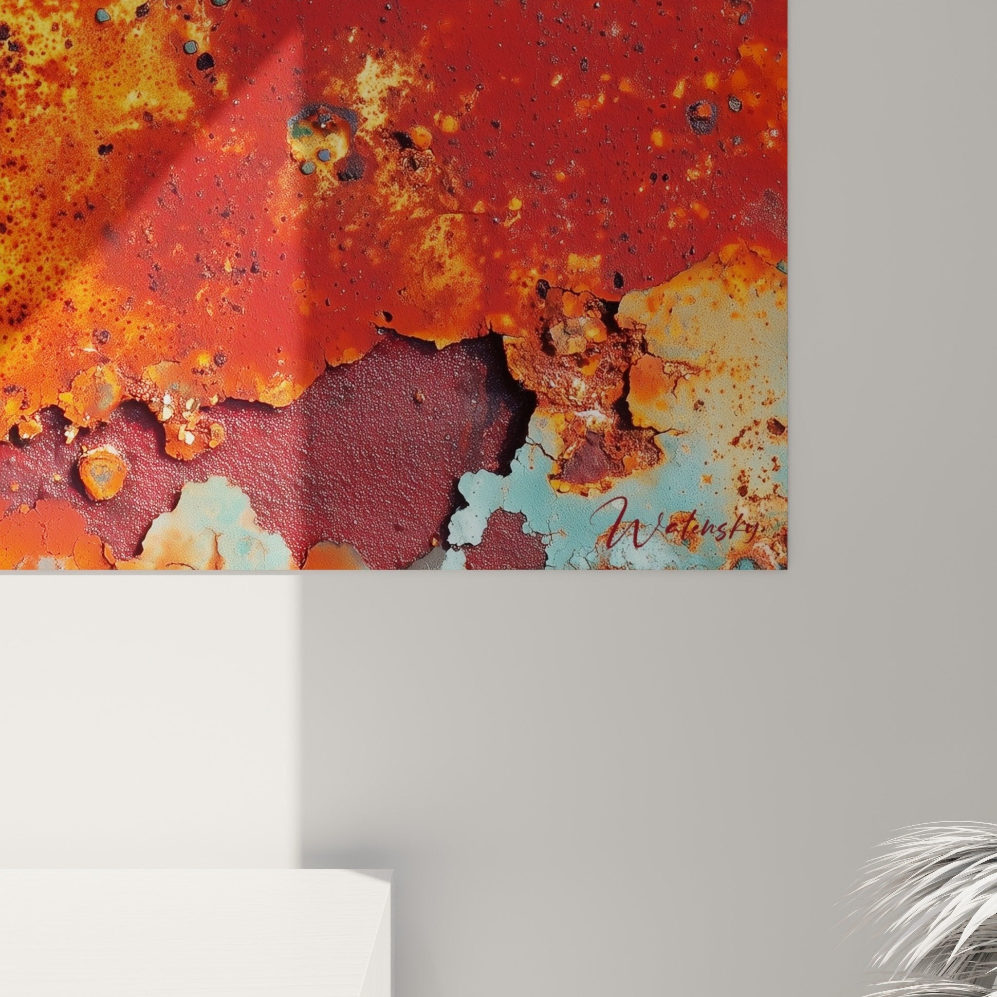 Vue d'ensemble tableau abstrait rouille cuivre, format panoramique horizontal feng shui sud feu décoration murale