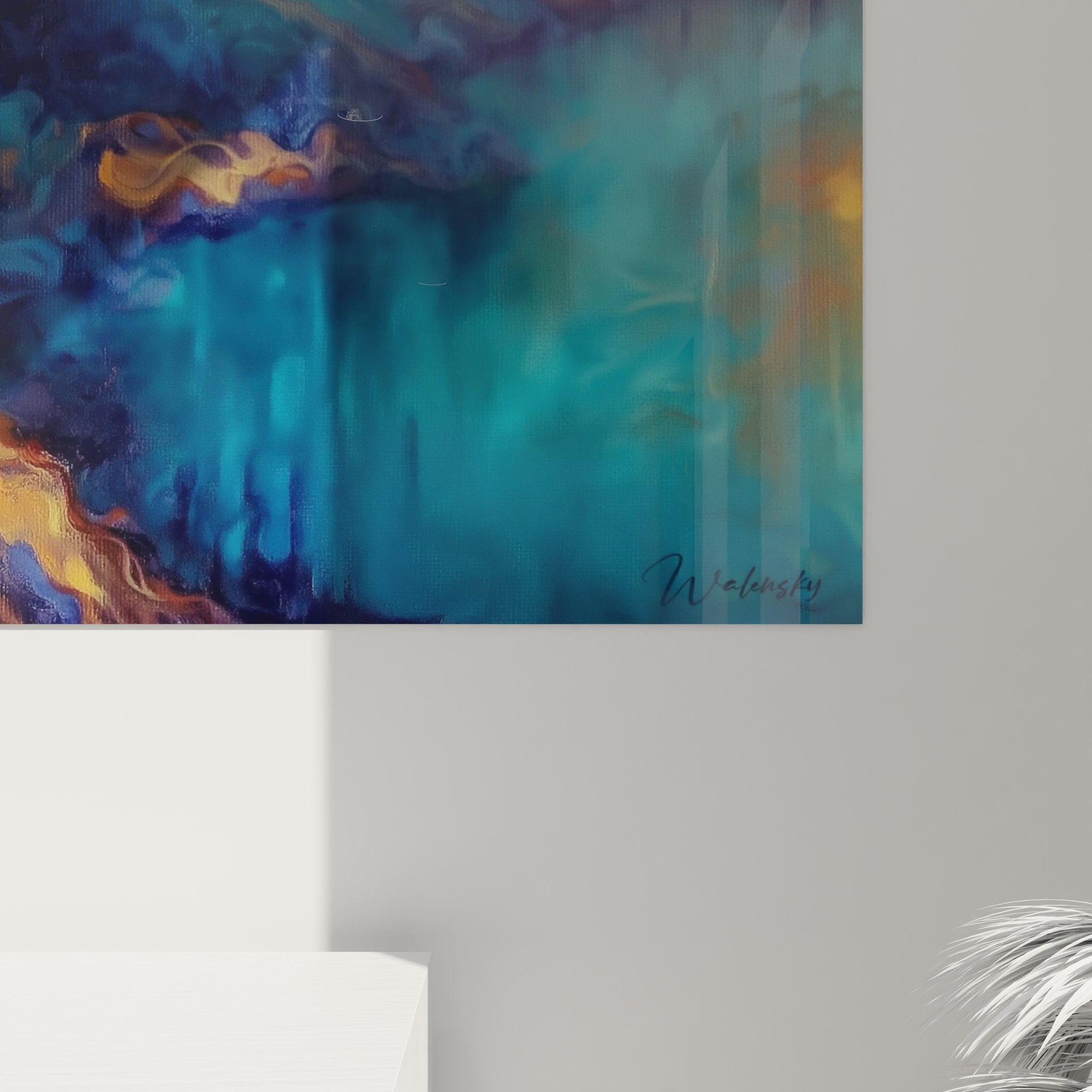 Vue d'ensemble tableau mural abstrait tempête colorée dans intérieur contemporain