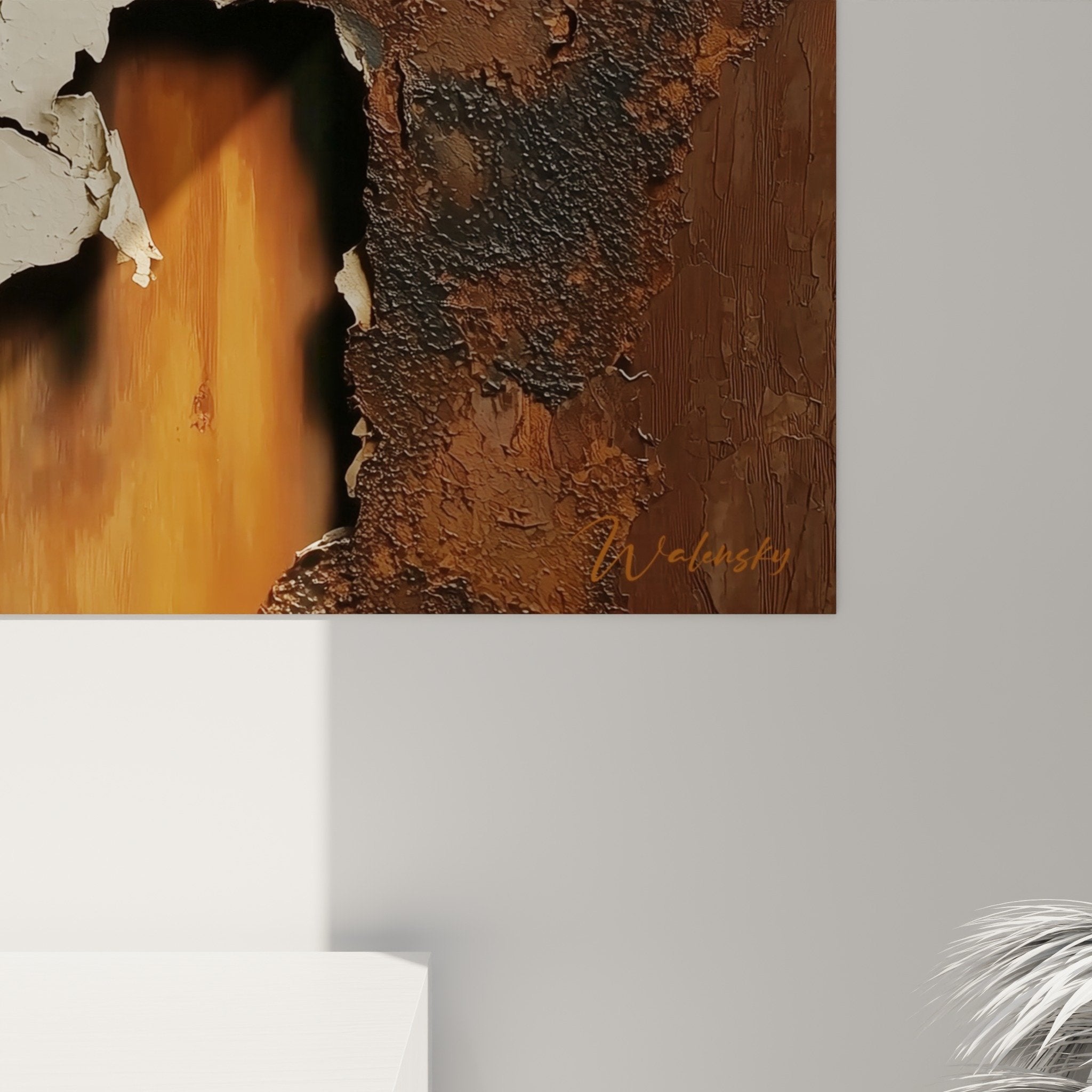 Vue d'ensemble tableau abstrait matières écorchées décoration murale tons terreux feng shui centre terre