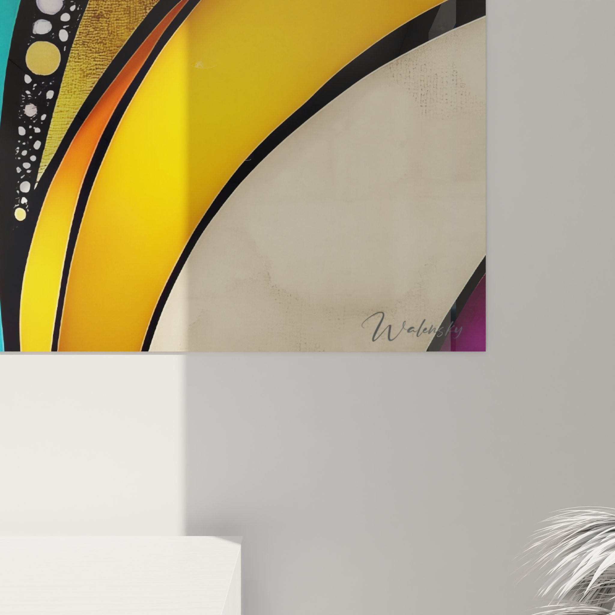 Vue ensemble tableau abstrait vitraux présentant composition complète aux couleurs harmonieuses