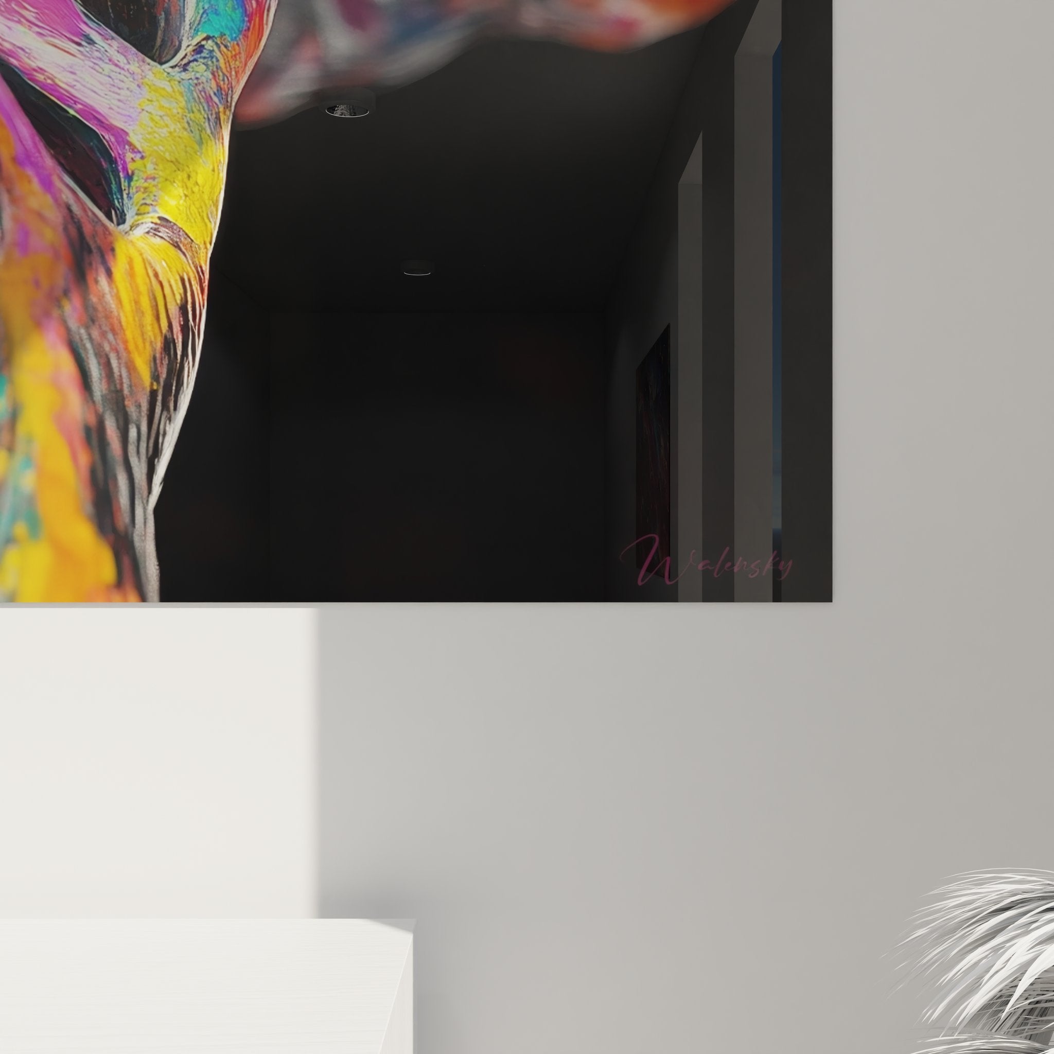 Vue d'ensemble tableau décoratif ADN, double hélice colorée dans environnement contemporain