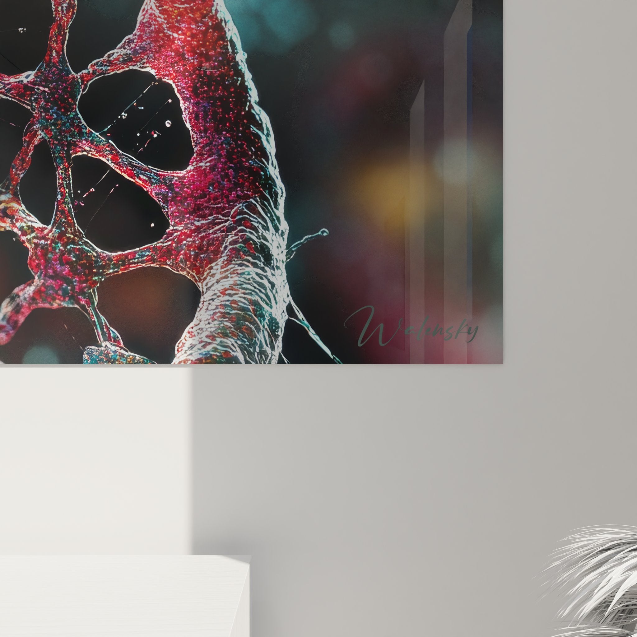 Vue d'ensemble tableau mural ADN rouge, structure génétique artistique sur fond sombre