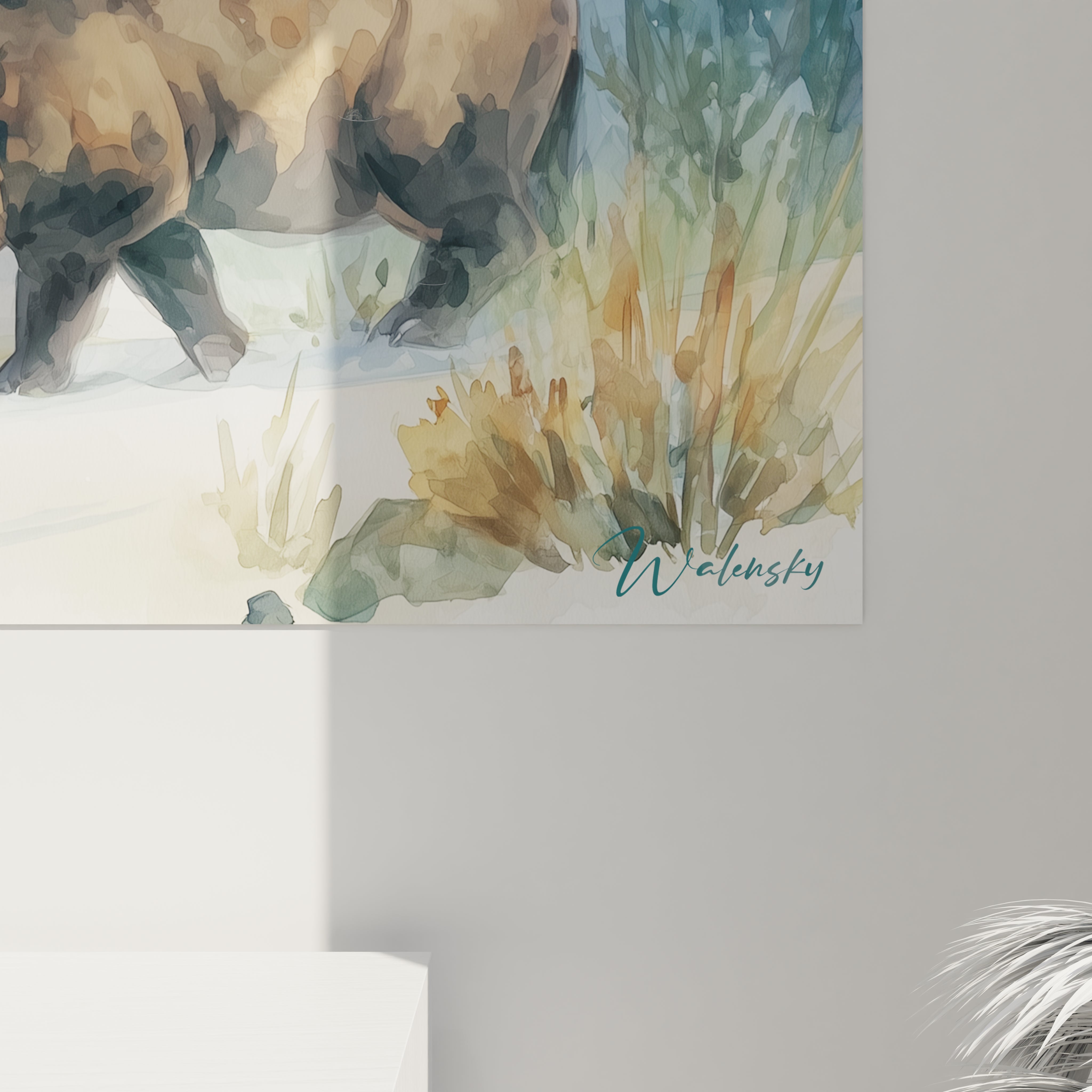 Vue ensemble tableau mural Andrewsarchus, art paléontologique décoratif dans environnement intérieur