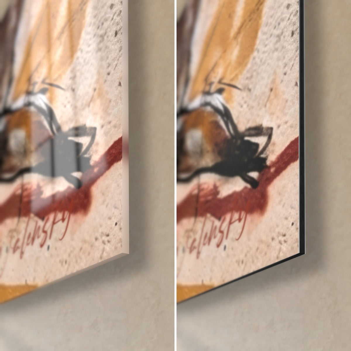Tableau âne en peinture urbaine, coin bas droit : verre acrylique brillant à gauche, alu Dibond mat à droite, tranche de 3 mm visible