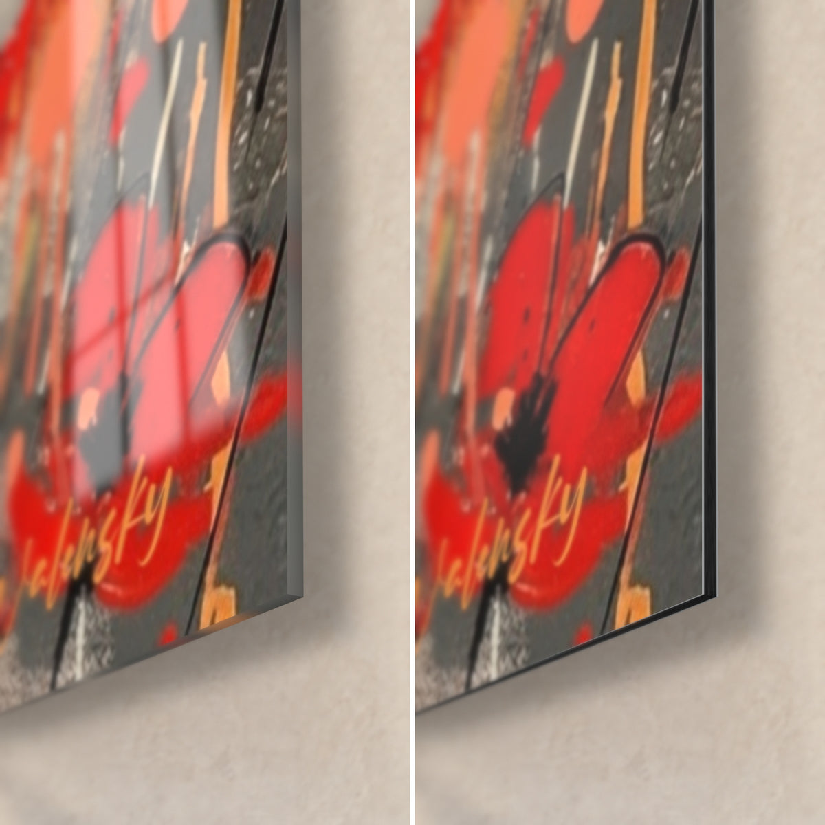 Schilderij ezelkoppel, rode klaproos en oranje spatten, rechteronderhoek in glanzend glas en mat Dibond-aluminium, 3 mm dik