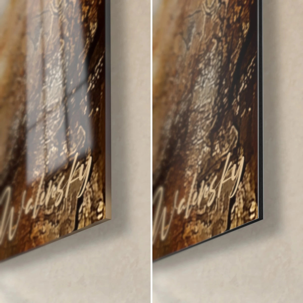 Tableau cervidé stylisé rouge sang, coin bas droit, verre brillant à gauche, Dibond mat à droite, tranche de 3 mm et signature