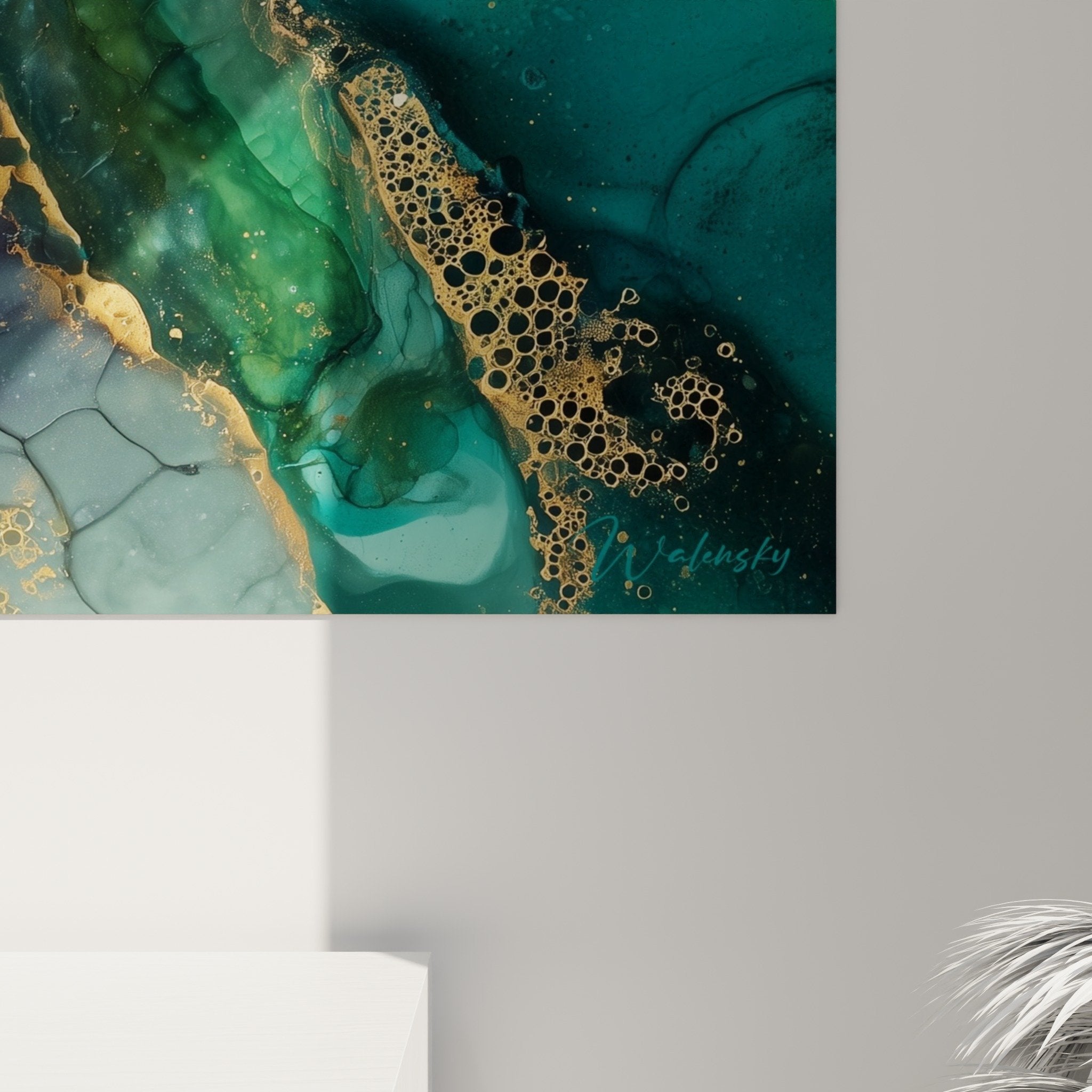 Overview abstract turquoise gold painting harmonious aquatic feng shui