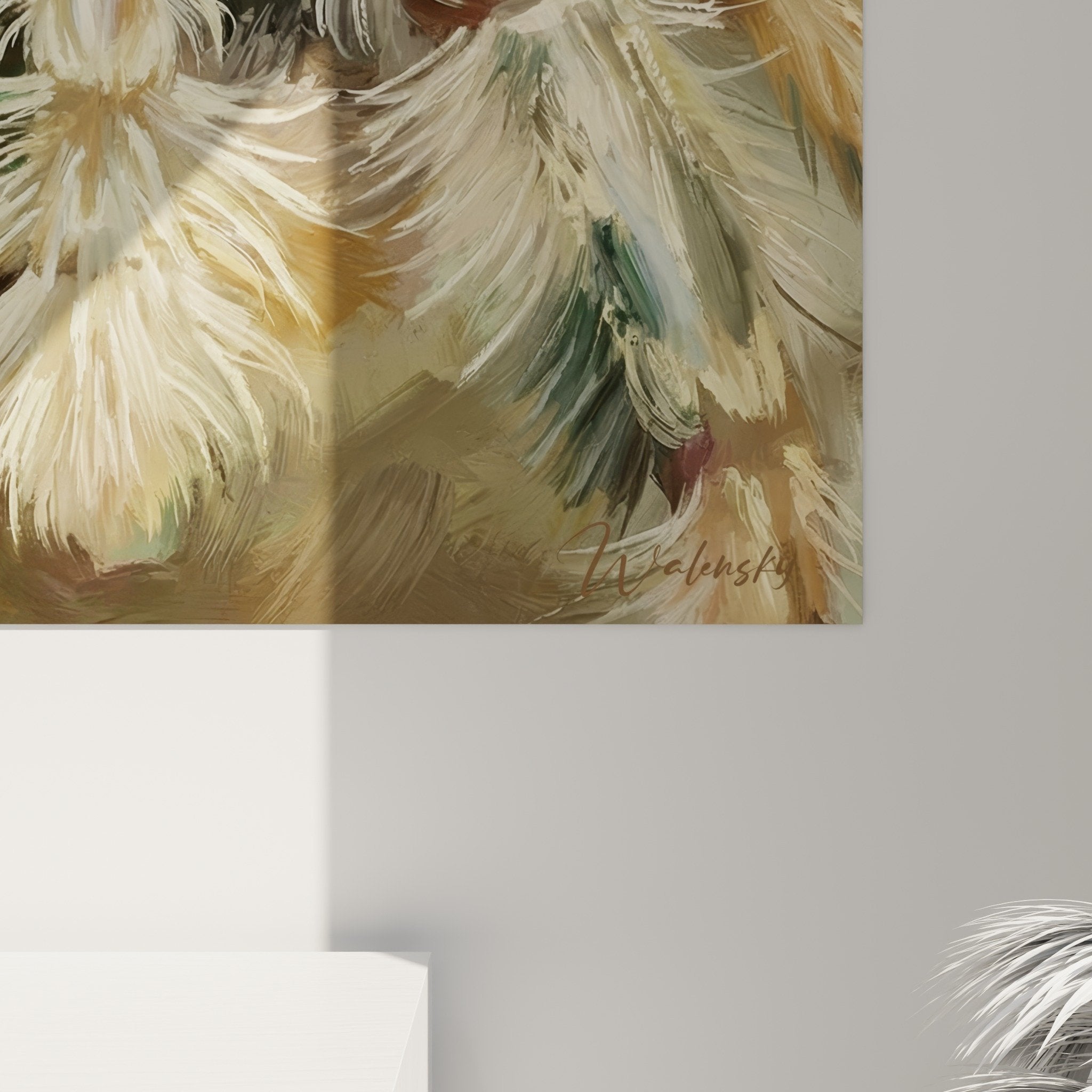 Gesamtansicht Springspinnenbild in modernem Wohnzimmer mit natürlicher Dekoration und Beigetönen