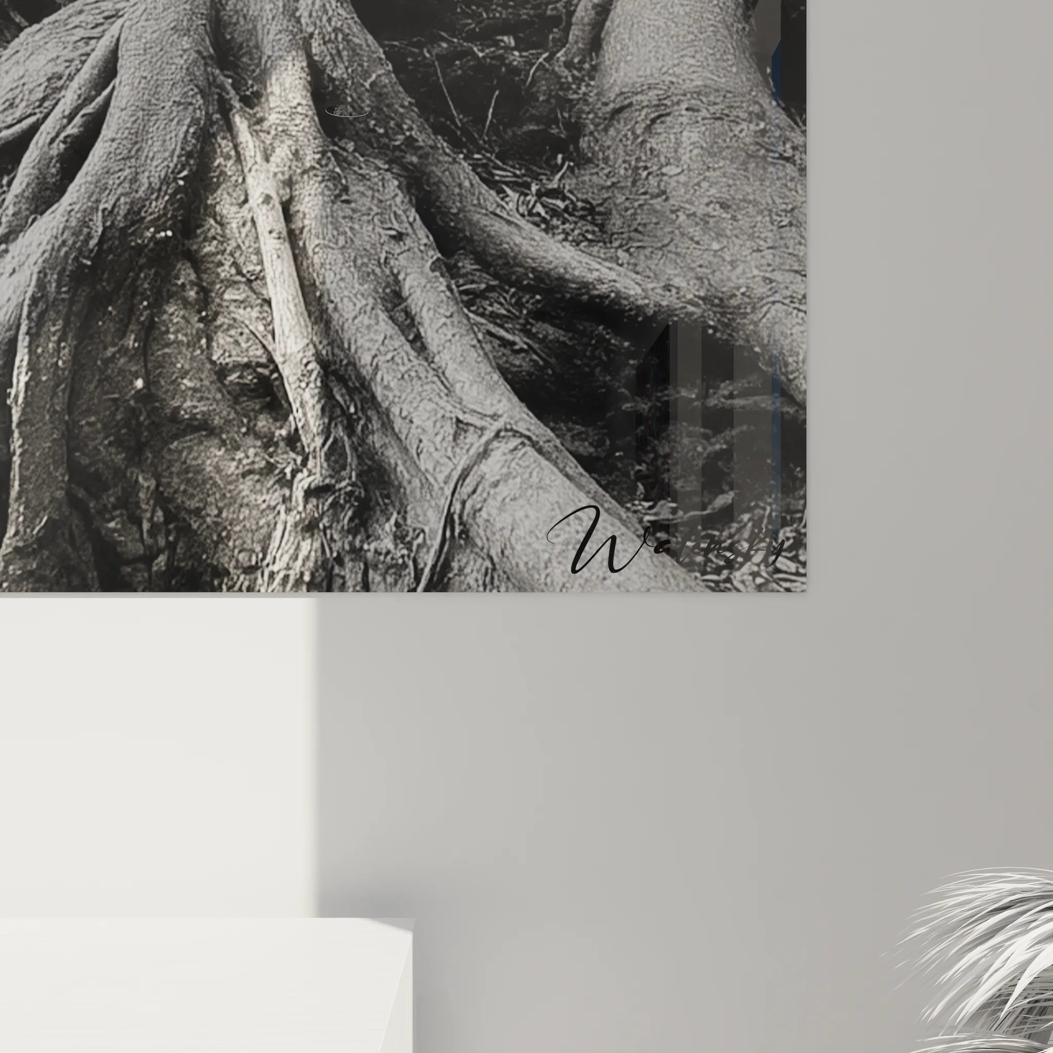 Vue d'ensemble tableau arbre centenaire noir et blanc dans décoration murale moderne