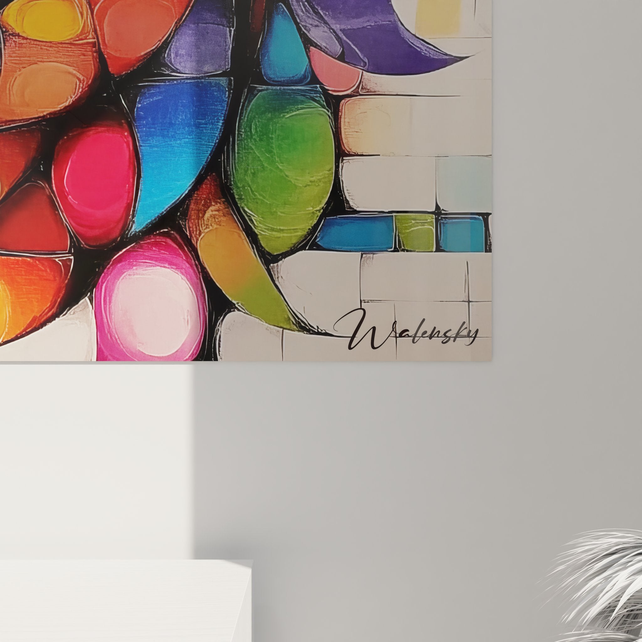 Vue ensemble tableau mural arbre multicolore - composition artistique abstraite contemporaine complète