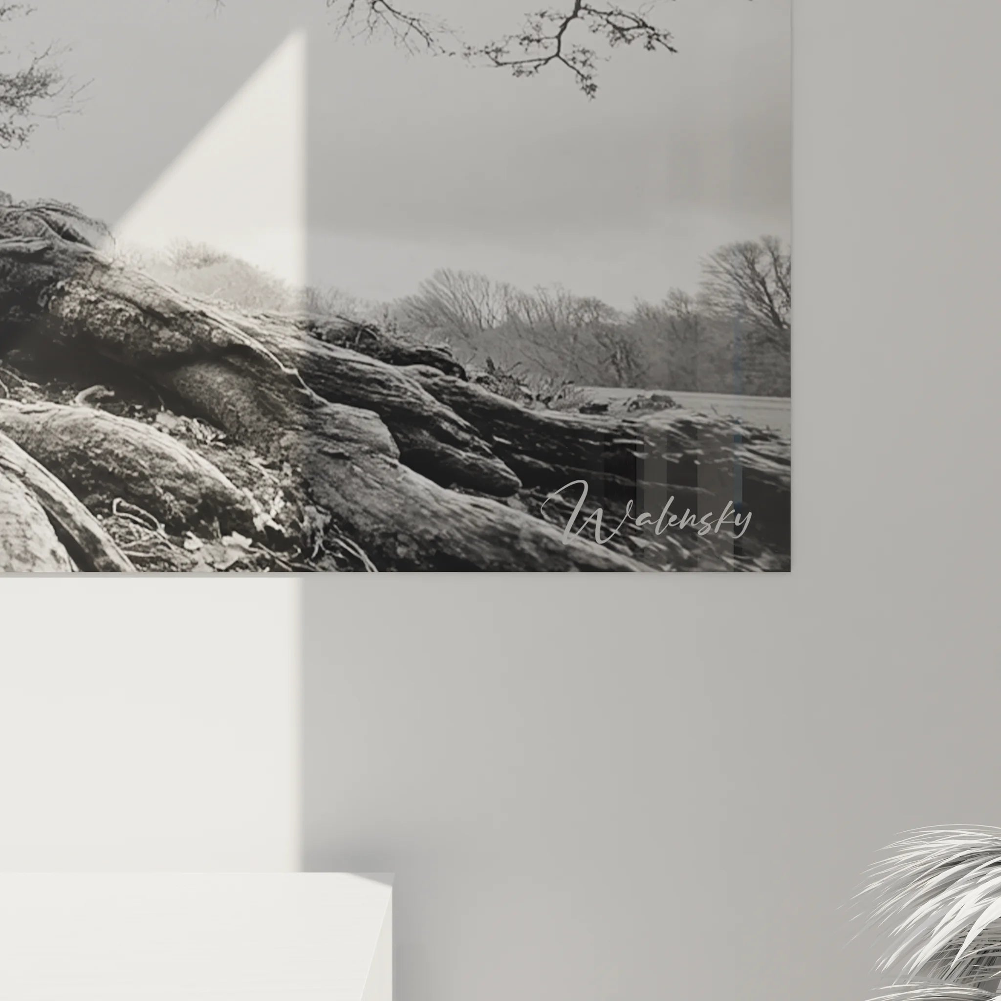 Vue d'ensemble du tableau arbre centenaire dans un salon moderne épuré