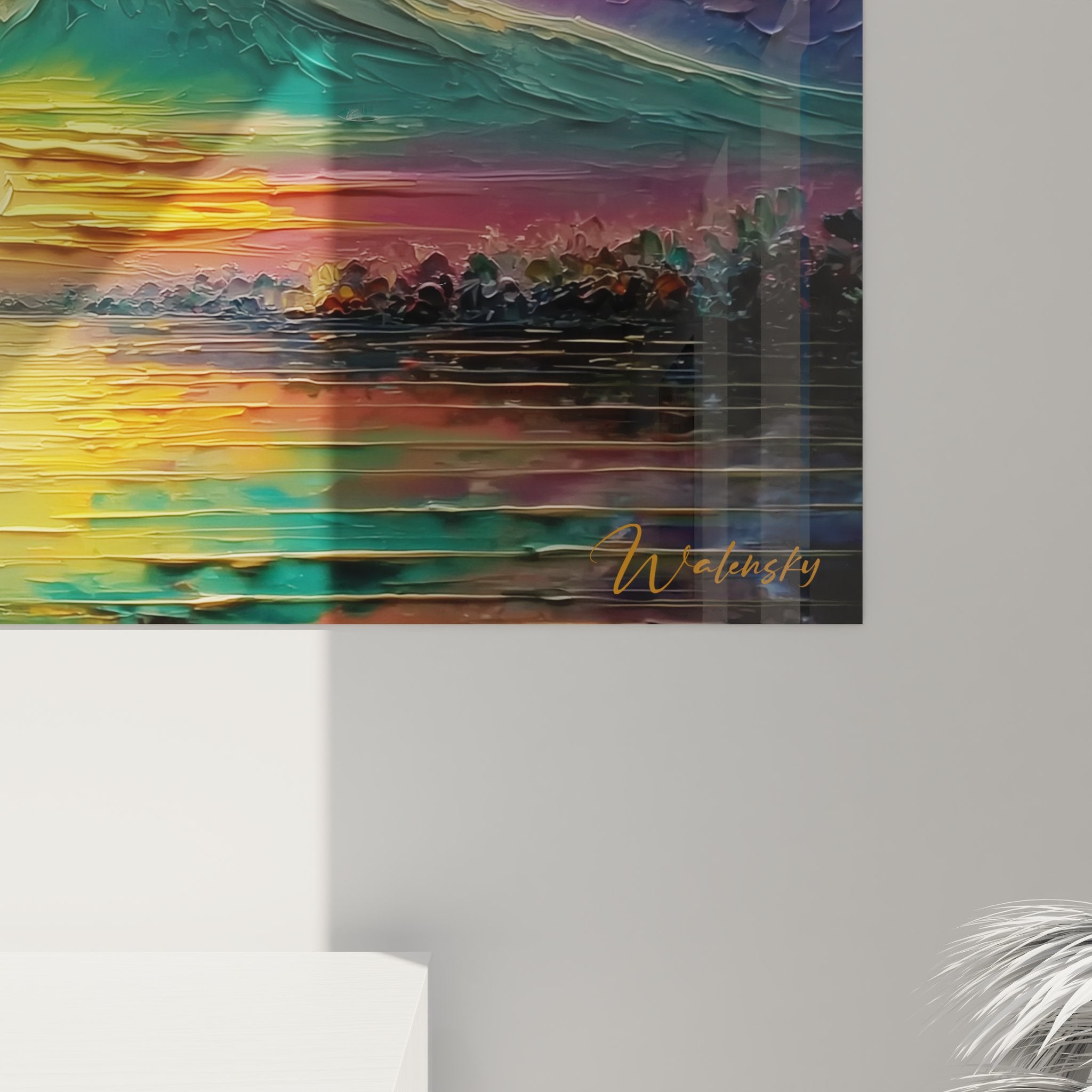 Vue ensemble tableau mural arbre solitaire paysage montagne - art décoratif coucher soleil nature