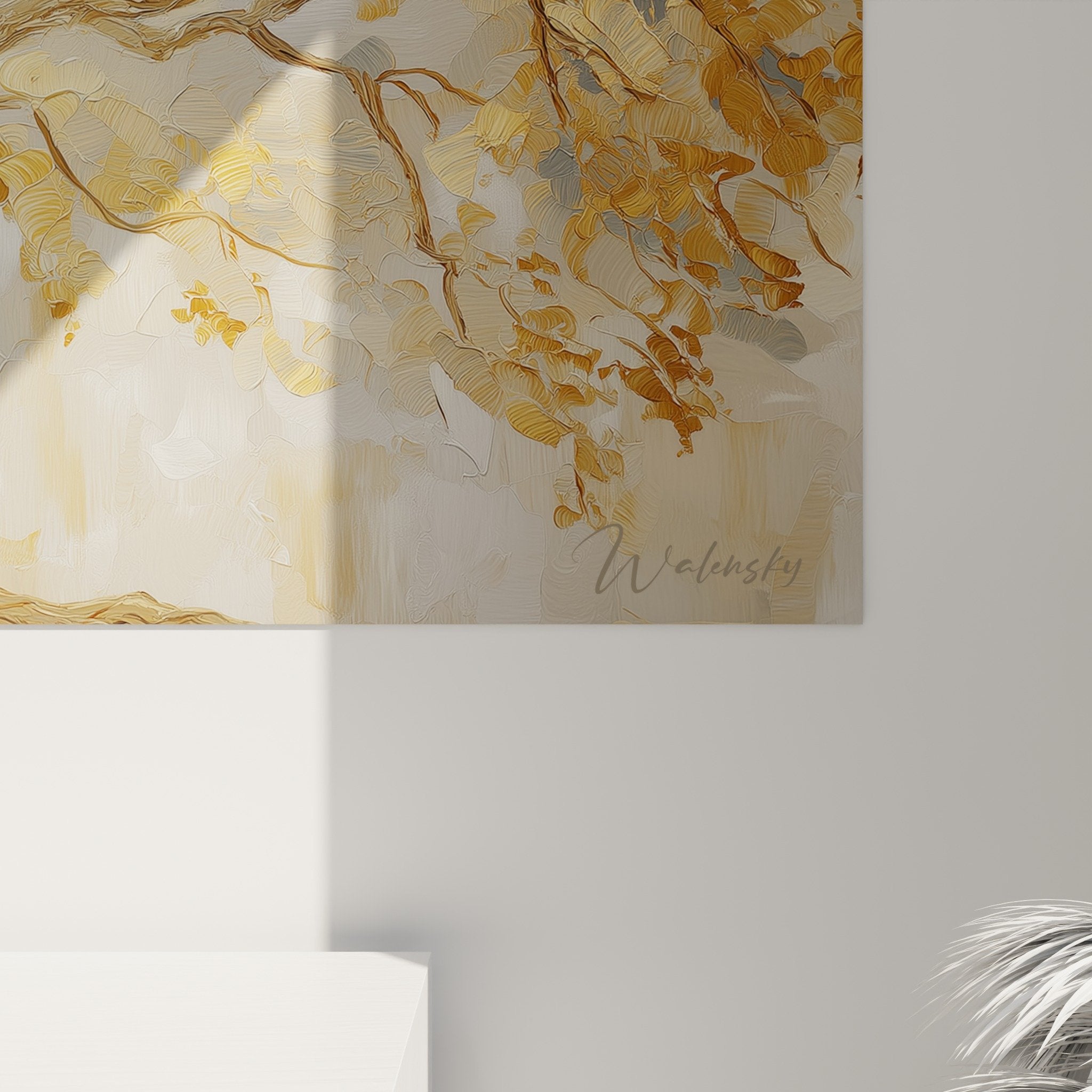 Vue d'ensemble tableau arbre de vie tons dorés beiges composition équilibrée décoration murale élégante