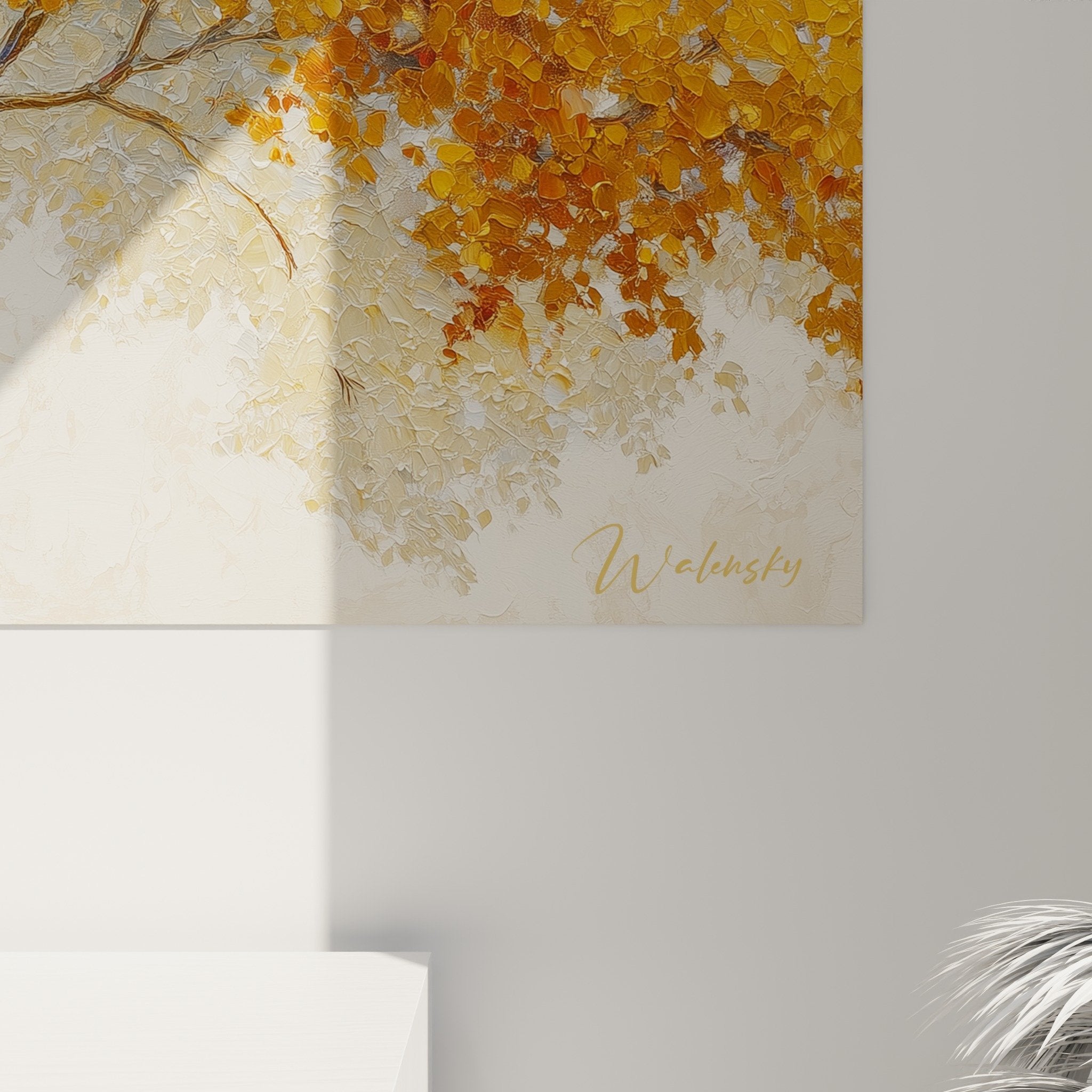 Vue ensemble tableau mural arbre de vie dore decoration interieur moderne tons beiges chaleureux