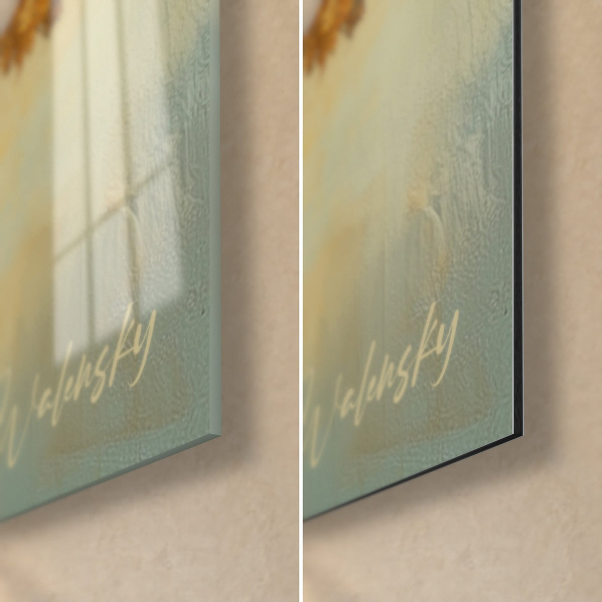 Wall art golden winding tree, bottom right corner: glossy acrylic glass on the left, matte Dibond aluminium on the right, 3 mm thickness