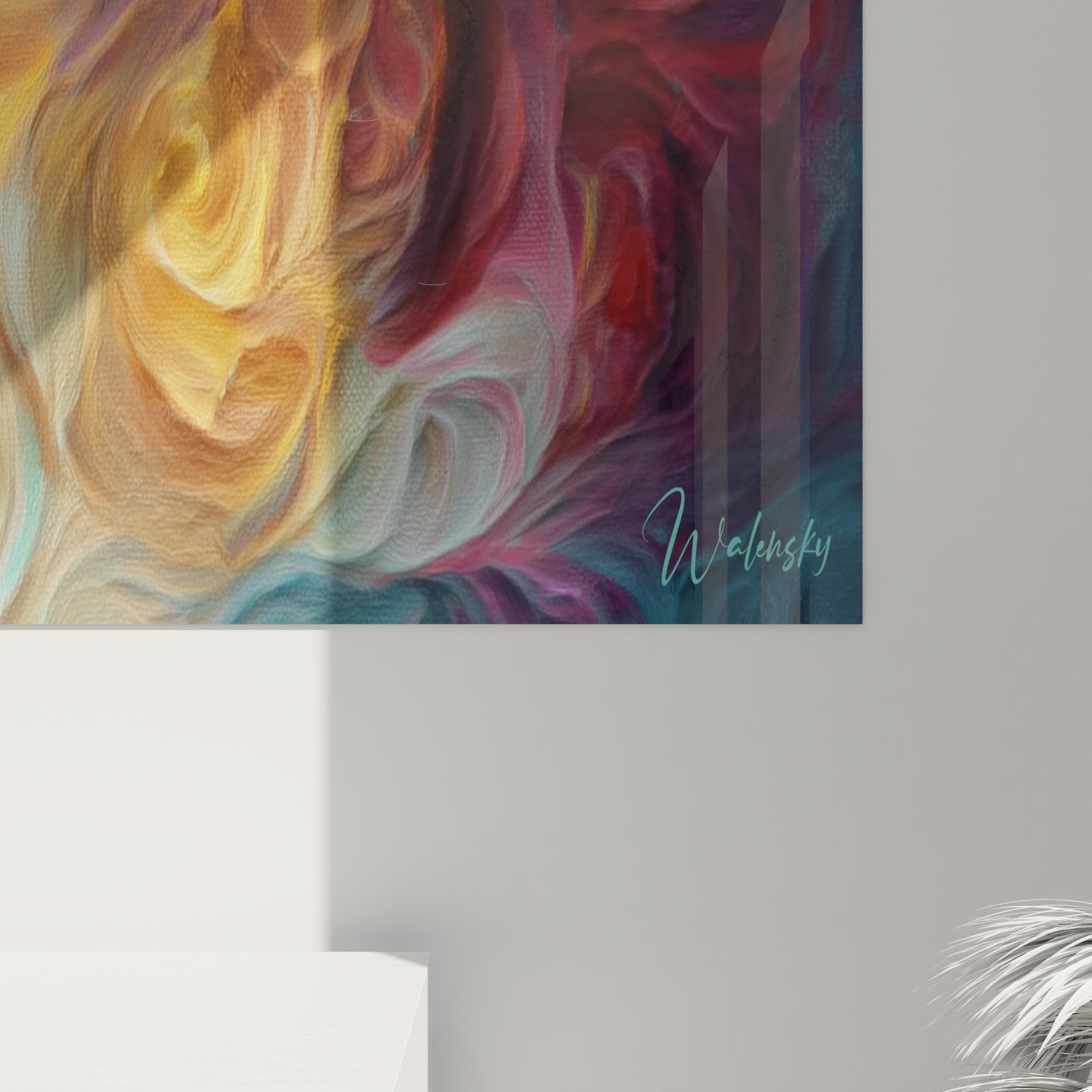 Vue ensemble tableau mural archipel tempête, œuvre décorative paysage côtier avec ciel tourmenté multicolore