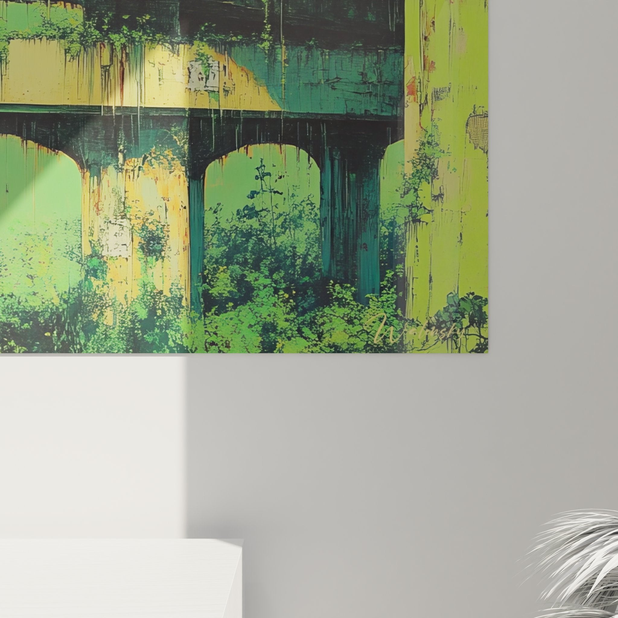 Vue ensemble tableau architecture abandonnée, ponts végétalisés décoration murale post-apocalyptique