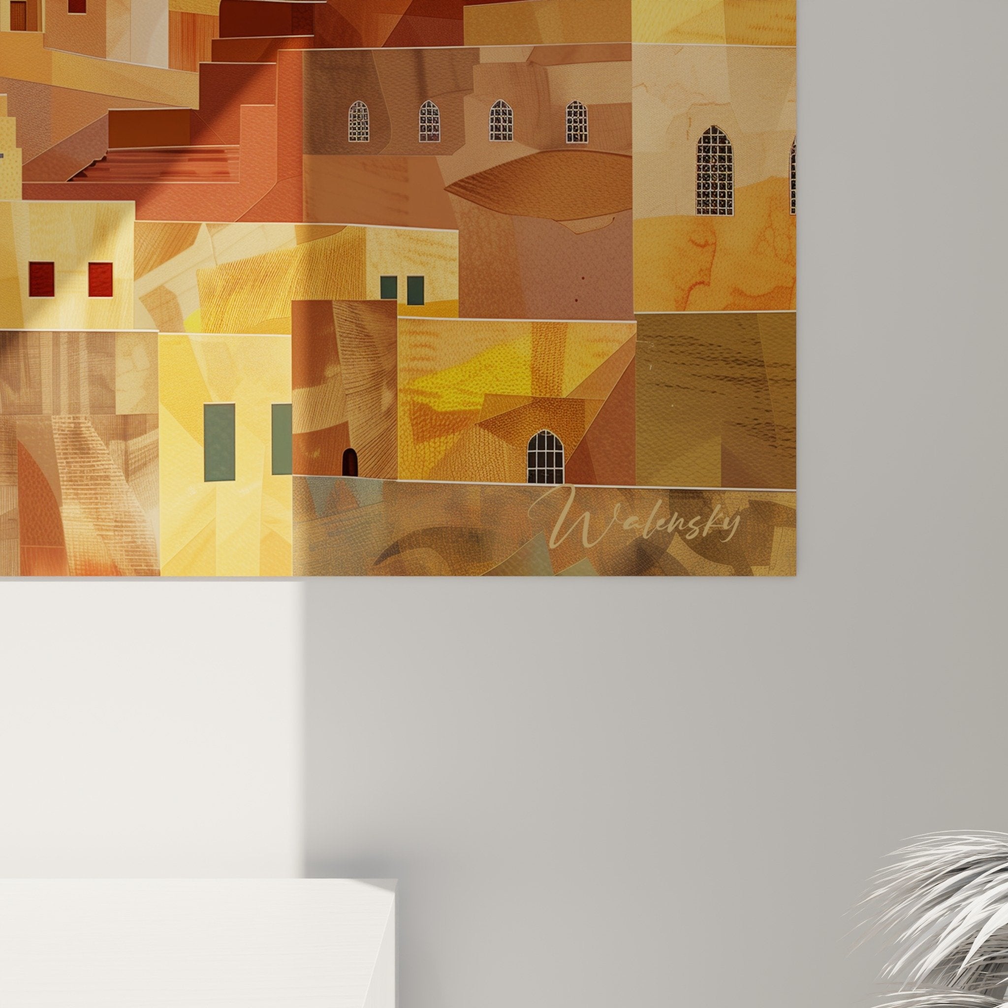 Vue d'ensemble tableau mural art islamique architecture orientale stylisée tons chauds décoration intérieure