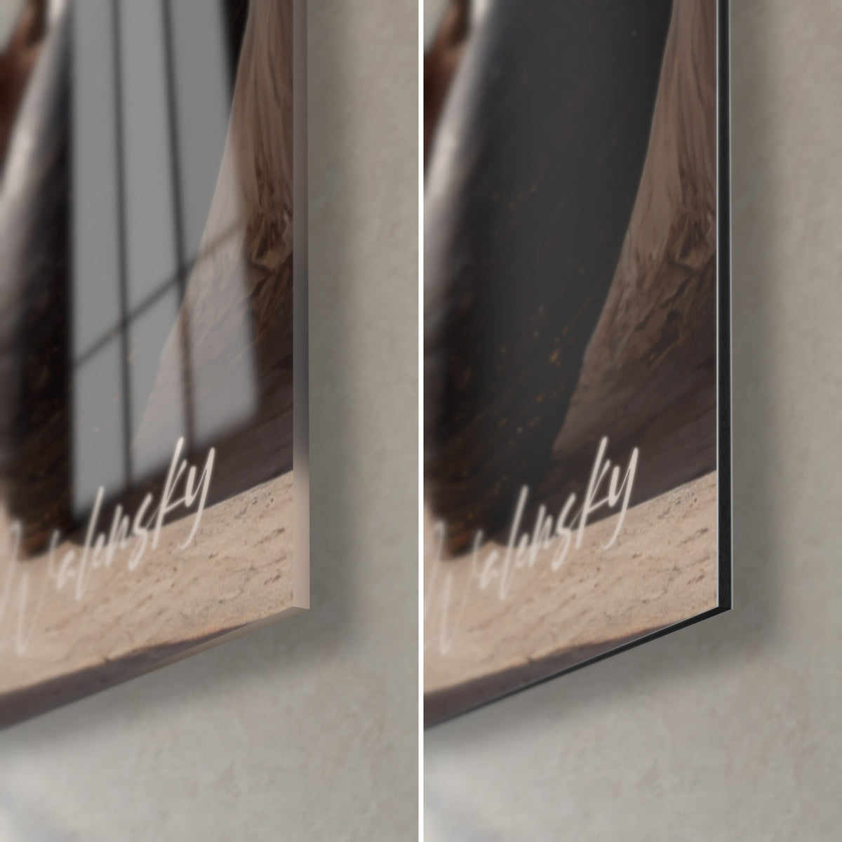 Schilderij wit pisé-dorp en bruine kruiken, rechtsonder: glanzend acrylglas dat het raam weerspiegelt, mat Dibond aluminium, dikte 3 mm