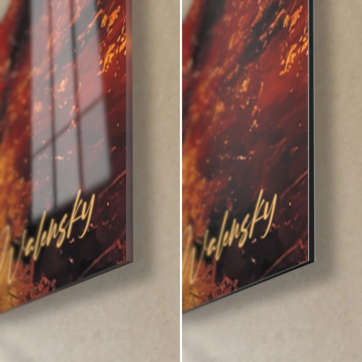 Schilderij grotrunderen in oker en zwart, hoek rechtsonder in glanzend glas met reflecties en mat Dibond-aluminium, 3 mm dik