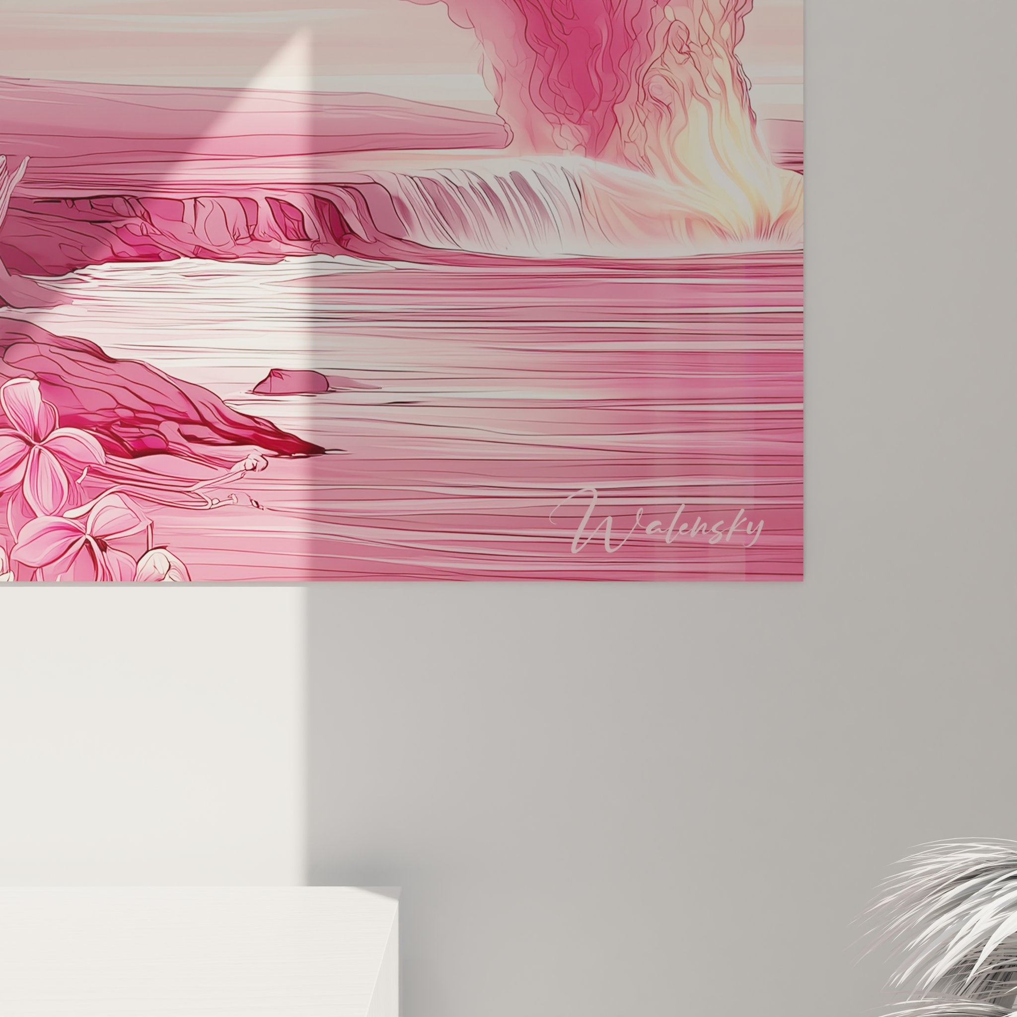 Vue d'ensemble du tableau art floral tropical avec flamant rose dans un intérieur contemporain