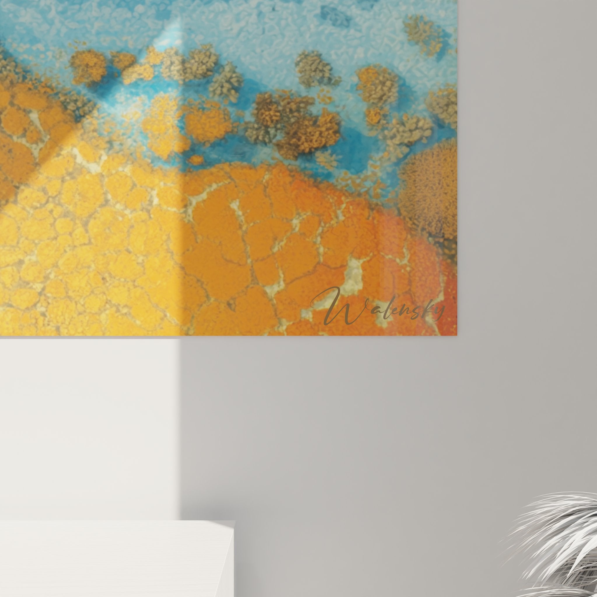 Vue ensemble tableau mural atoll paradisiaque, art décoratif marine tons bleus et dorés