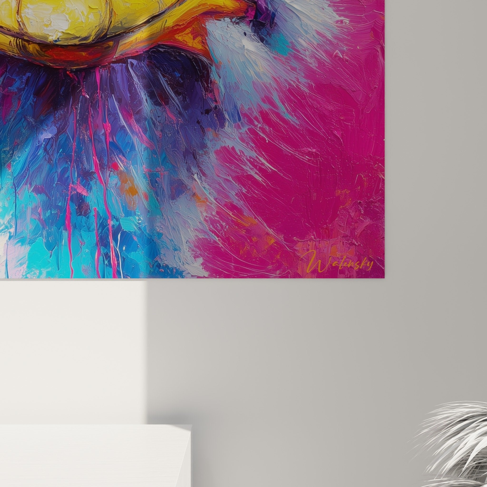 Vue d'ensemble tableau autruche contemporain - composition colorée rose orange - art mural décoratif