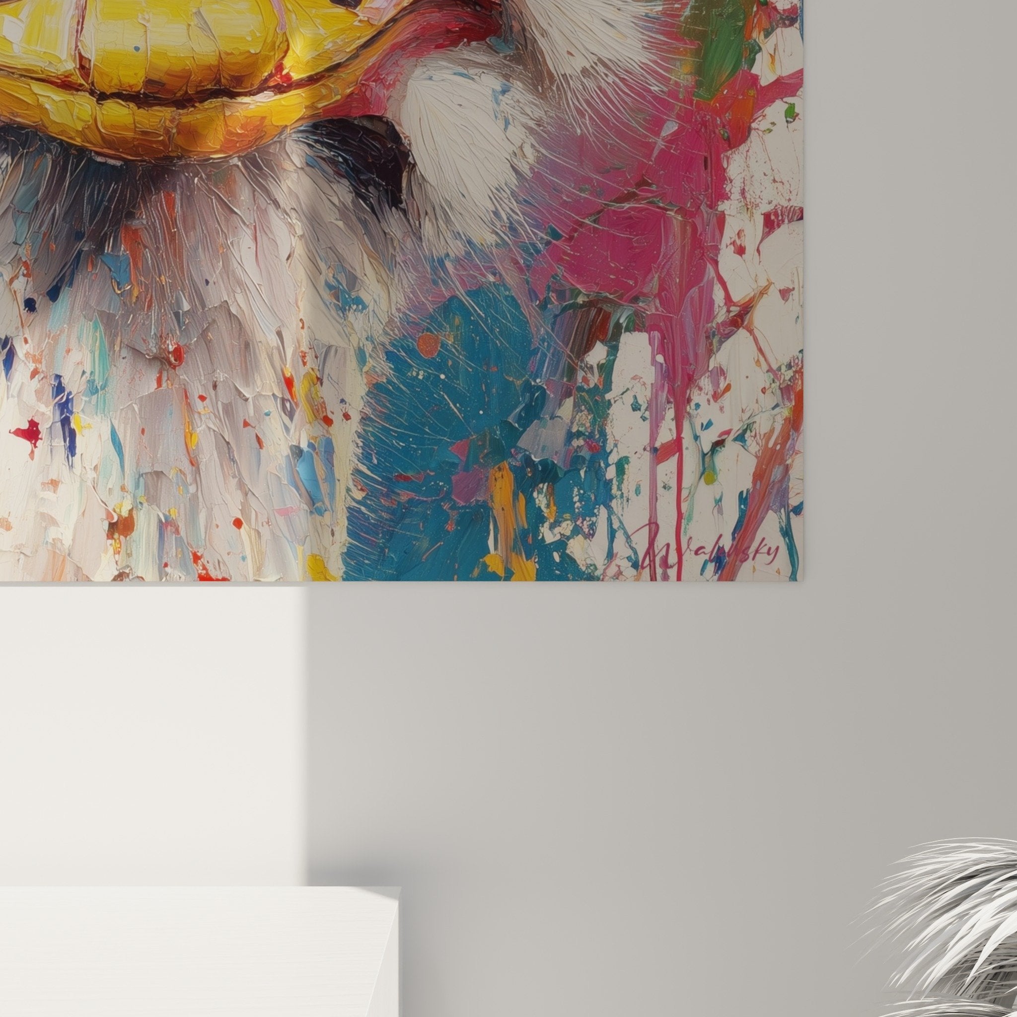 Vue ensemble tableau autruche fond eclaboussures peinture multicolore art mural contemporain