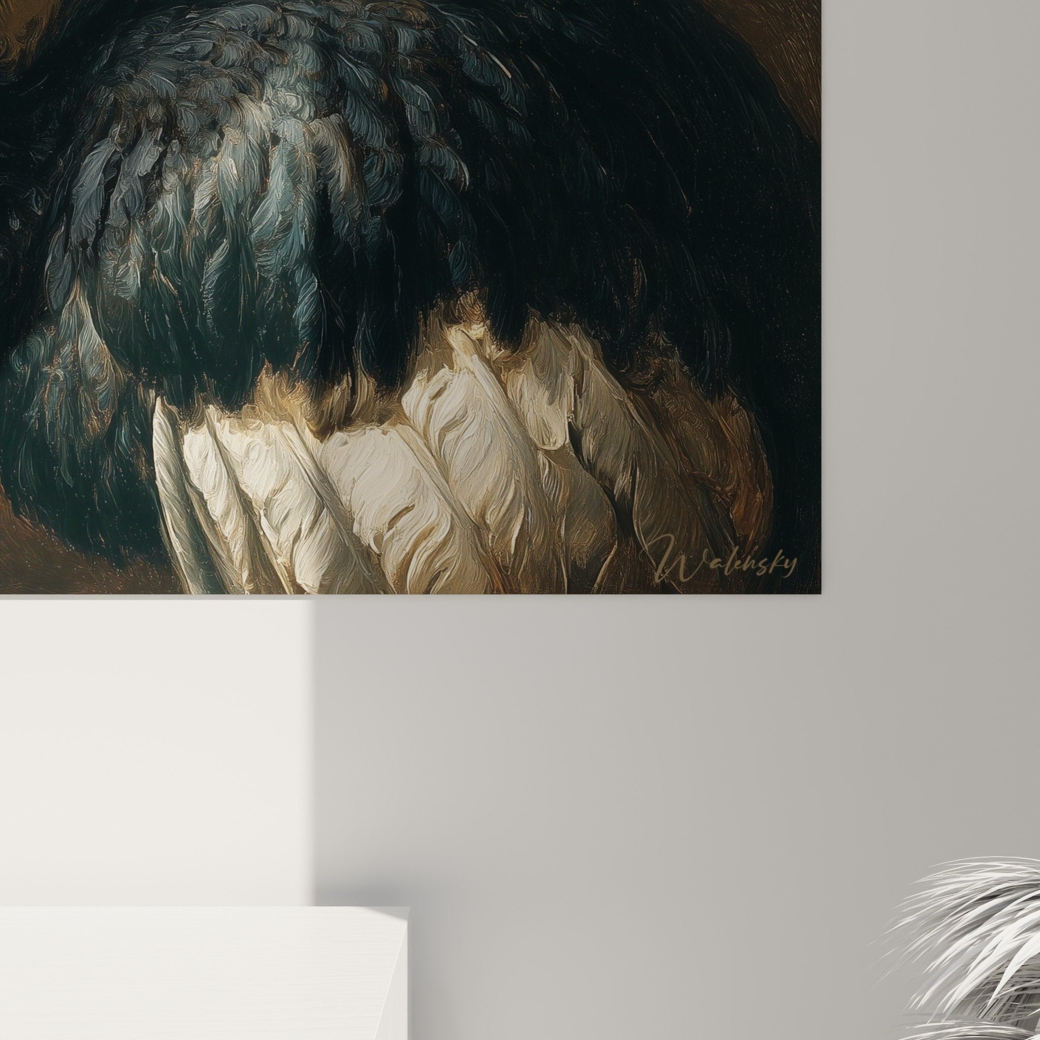 Vue d'ensemble du tableau autruche dans salon raffine, ambiance sophistiquee avec eclairage tamisé