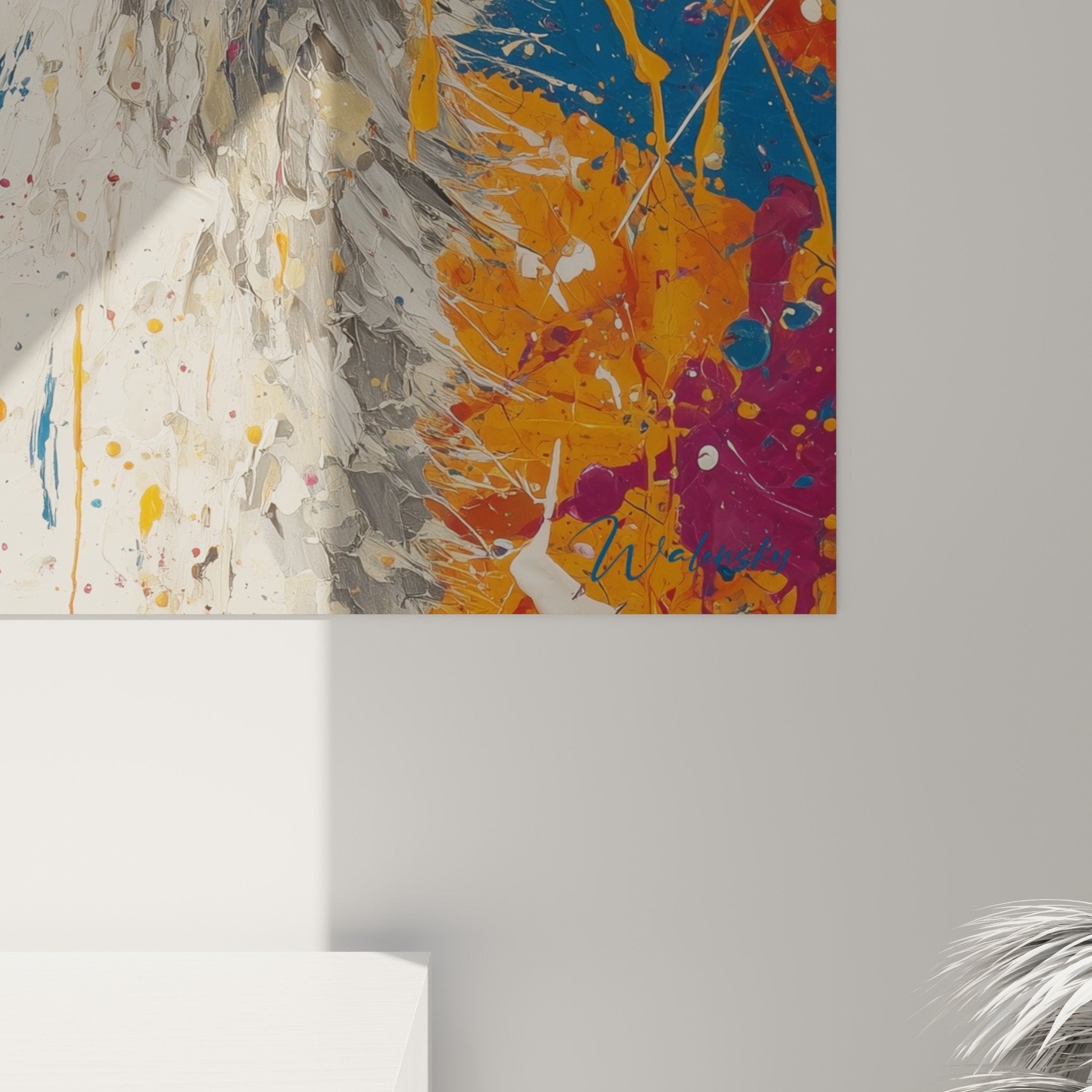 Overall view modern ostrich wall art living room decoration colorful splashes contemporary art blue eyes