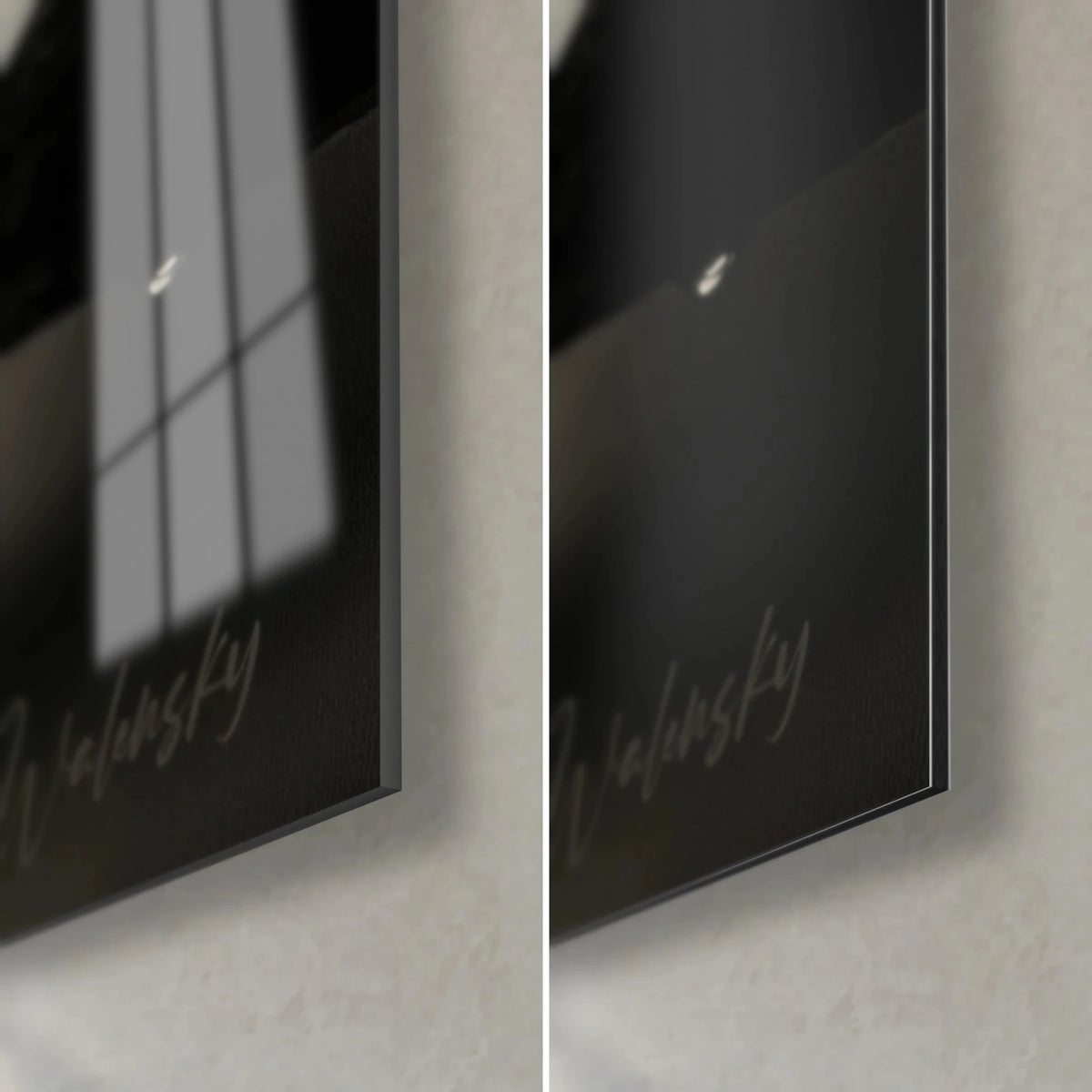 Tableau rameur à la rame mouillée, coin bas droit : verre acrylique brillant à gauche, Dibond noir mat à droite, tranche de 3 mm