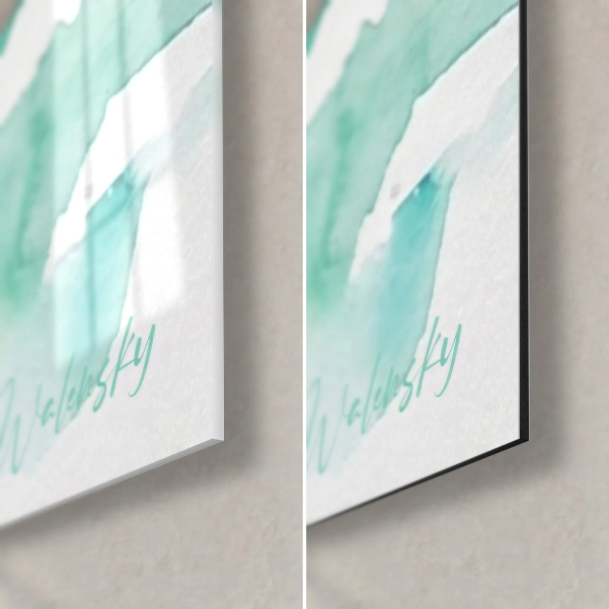 Πίνακας κωπηλάτες σε υδατογραφία τυρκουάζ και ροζ, κάτω δεξιά γωνία: γυαλιστερό ακρυλικό γυαλί αριστερά, ματ μαύρο Dibond δεξιά