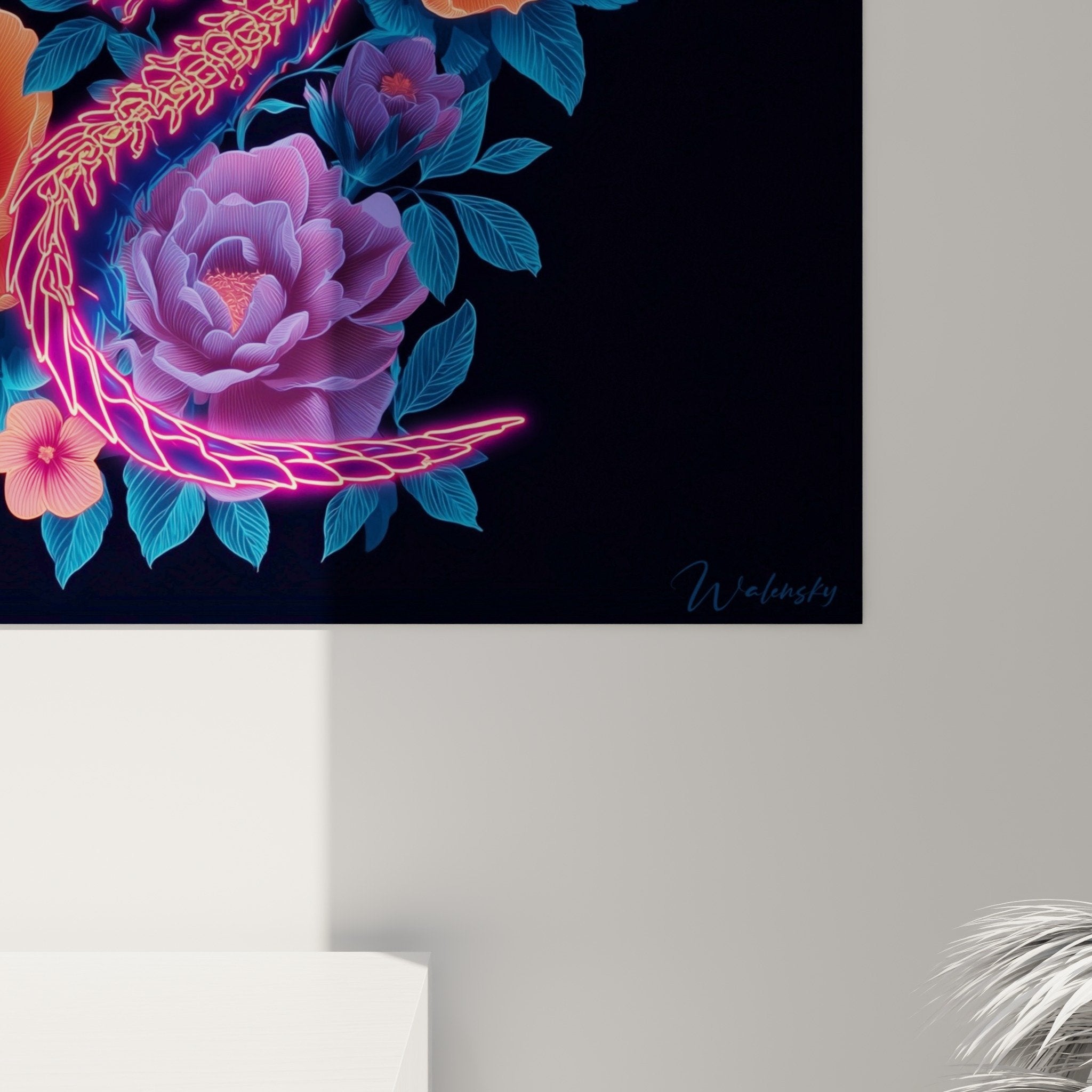 Vue ensemble tableau axolotl anatomique lumineux fleurs peonies décoration murale